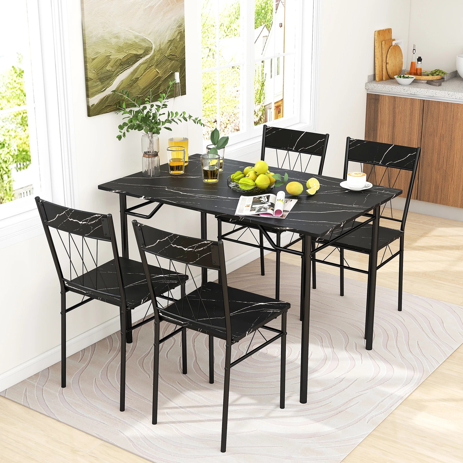 2 Costway 5PCS Dining Table Set Rectangular Kitchen Table & 4 Chairs Waterproof Tabletop - Black, 2 of 3