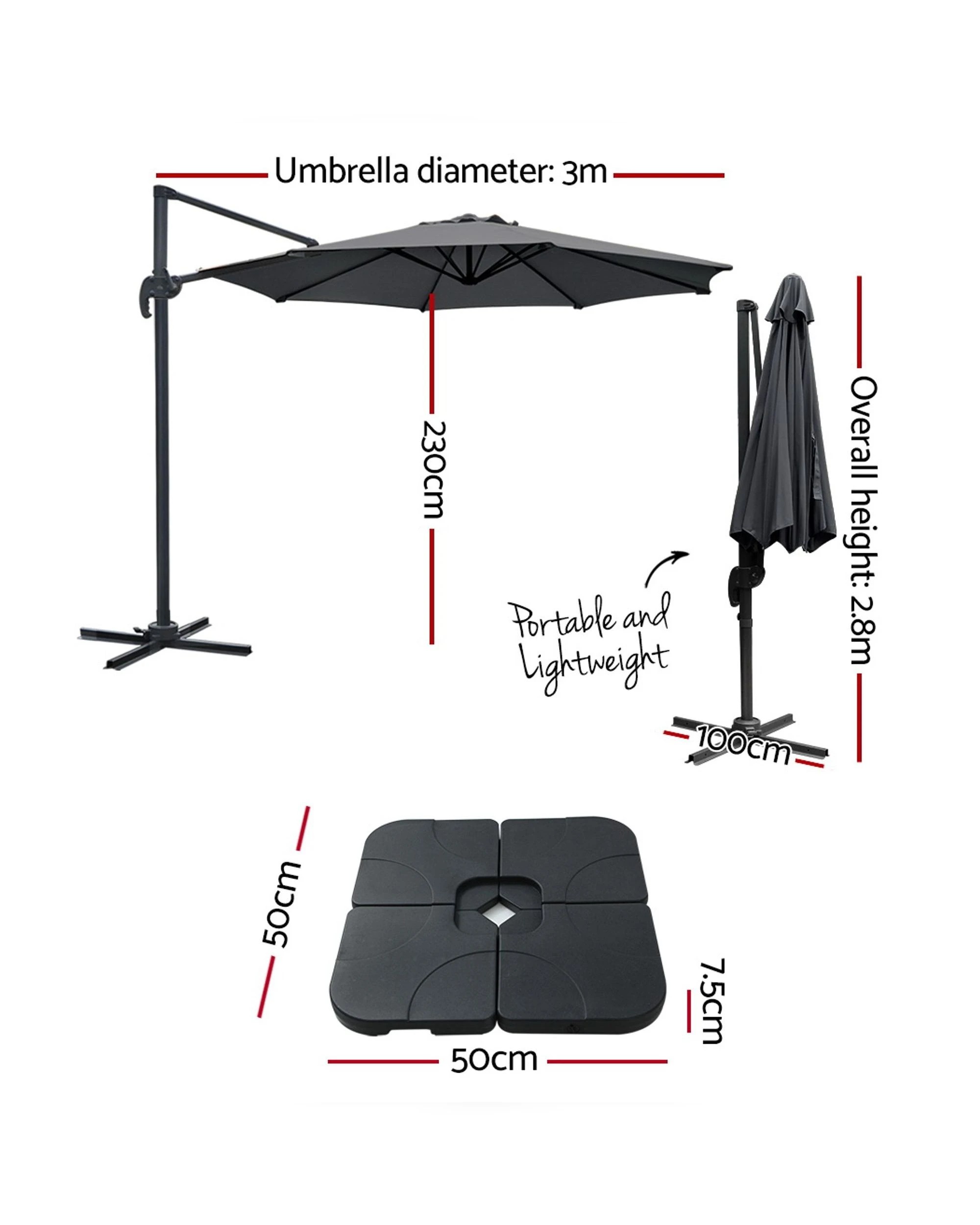 2 Instahut 3m Outdoor Umbrella W/base Cantilever Beach Roma 360 Degree Tilt
 - Grey, 2 of 2