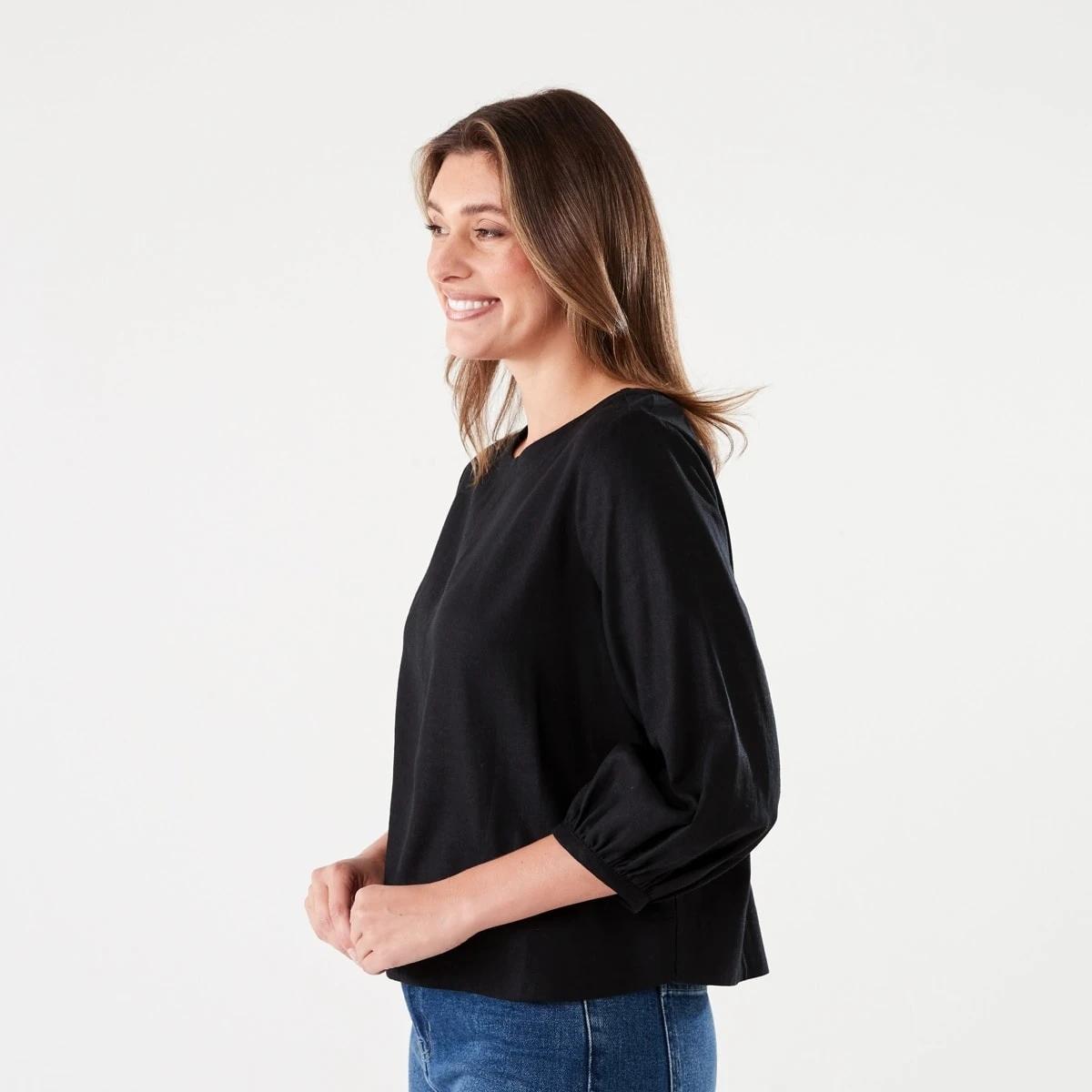 2 Long Sleeve Linen Blend Top BLACK, 2 of 6