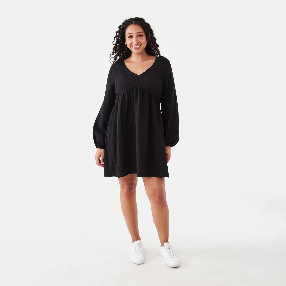 7 Long Sleeve Textured Smock Mini Dress Black, 7 of 7