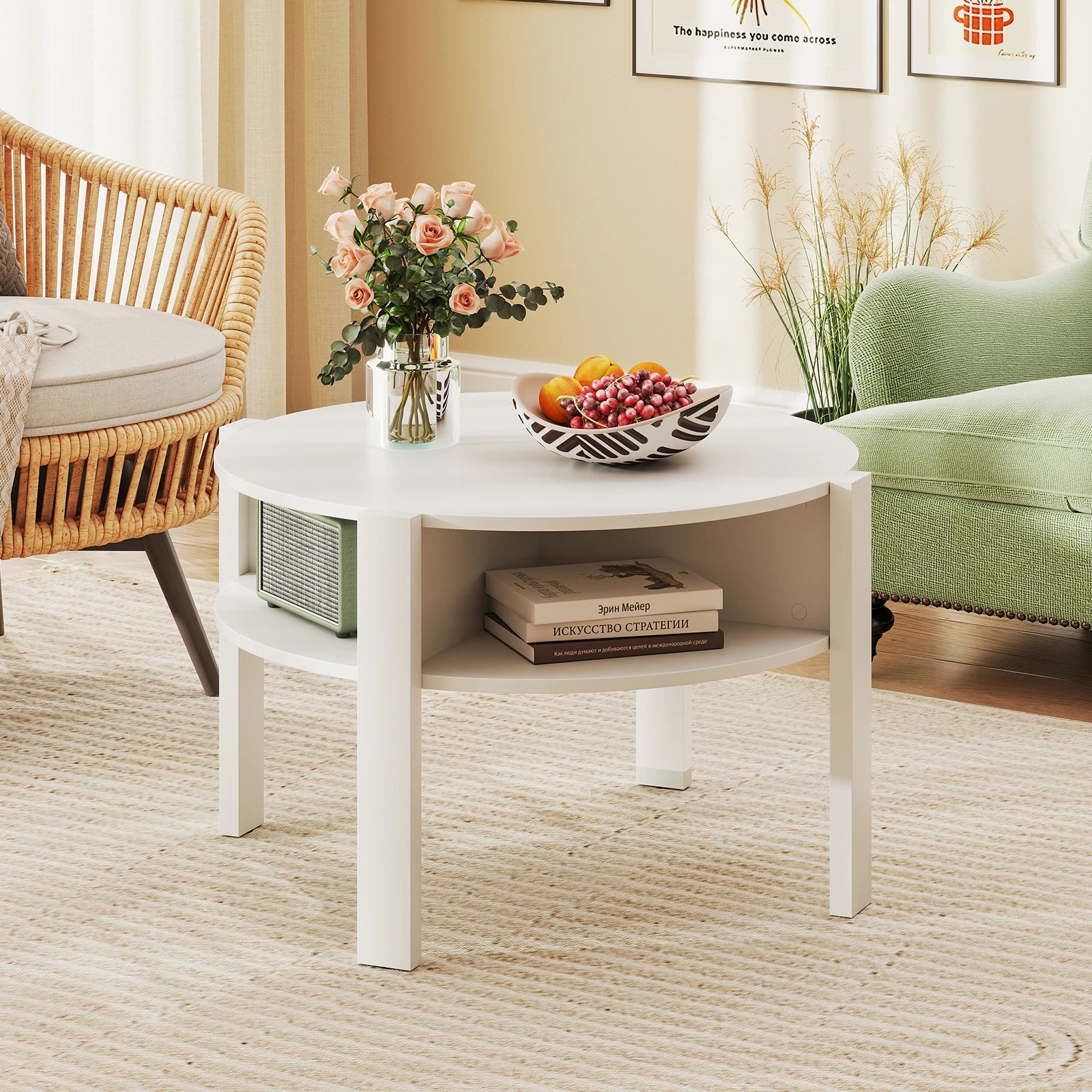 6 Costway 2-Tier Round Coffee Table w/Faux Wooden Top Tea Cocktail Table - White, 6 of 7