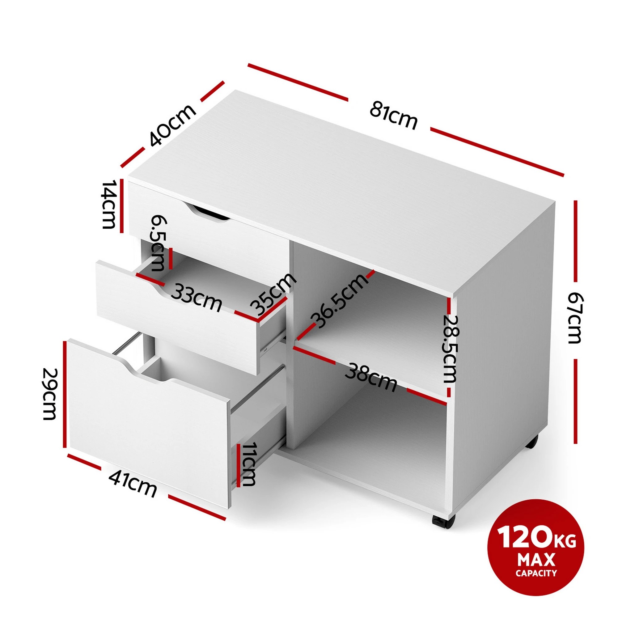 2 Artiss 3 Drawer Mobile Filing Cabinet Printer Stand Cabinet Home Office Storage - White, 2 of 2