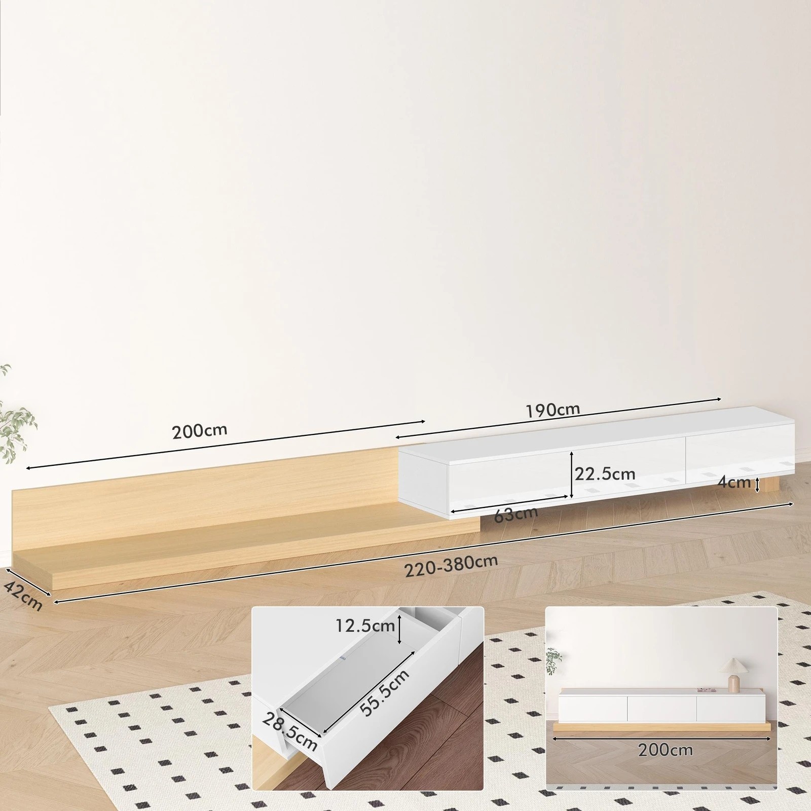 7 Alfordson 200-380cm Extendable Entertainment Unit TV Cabinet Stand Storage Shelf - Wood White, 7 of 8