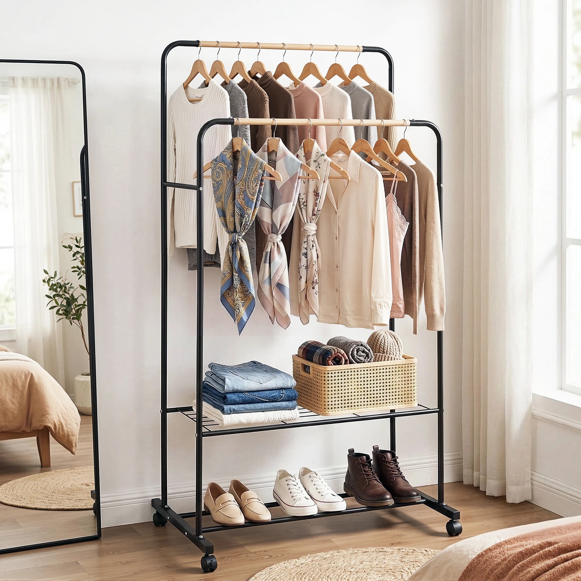 3 Artiss Clothes Rack Double Rod Airer Rail Coat Stand Adjustable - Black, 3 of 4