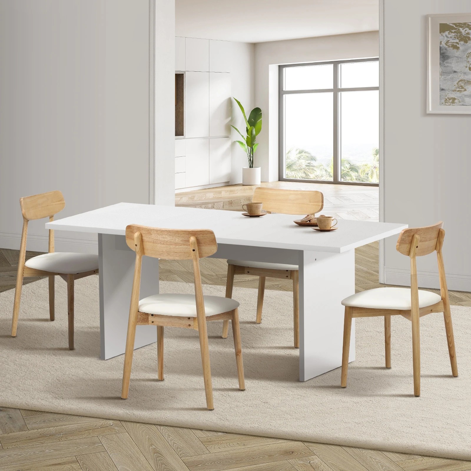 3 Oikiture 4-Seater Dining Table and Chairs Wooden Furniture Set - Natural, 3 of 9