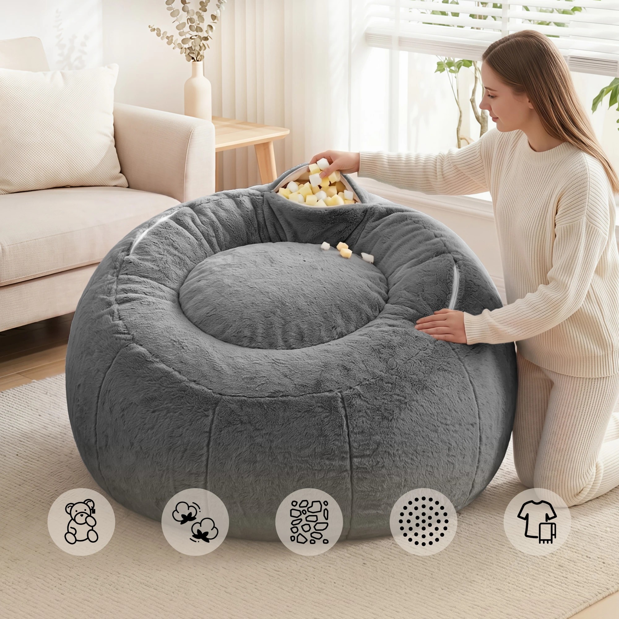 5 Artiss Bean Bag Chair Cover Faux Fur No Filler Washable Lazy Sofa Cover - Grey, 5 of 10