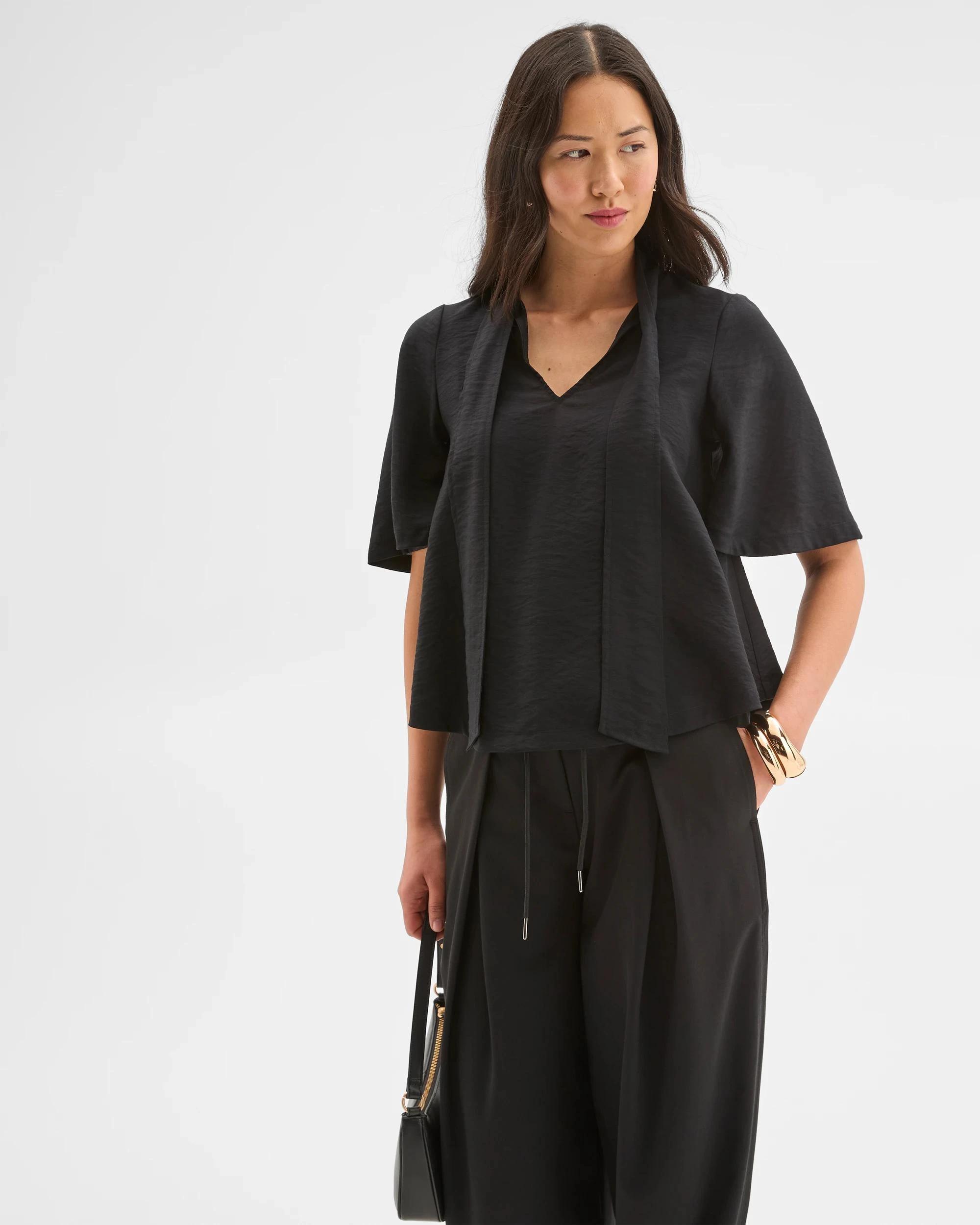 4 Preview Short Sleeve Tie Neck Blouse BLACK, 4 of 9