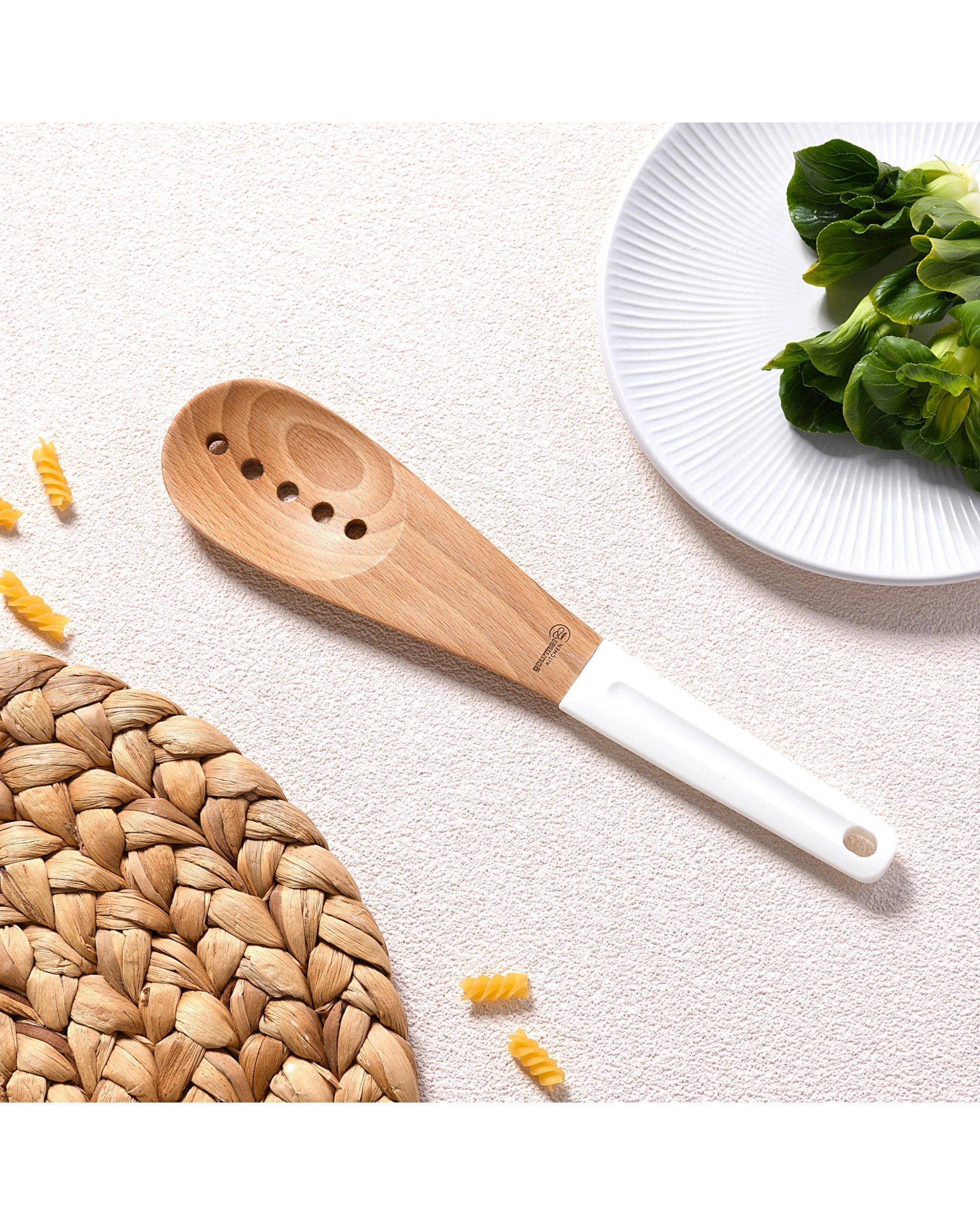 2 Gourmet Kitchen Rustic Beech Wood Slotted Spoon with Silicone Grip - White, 2 of 9