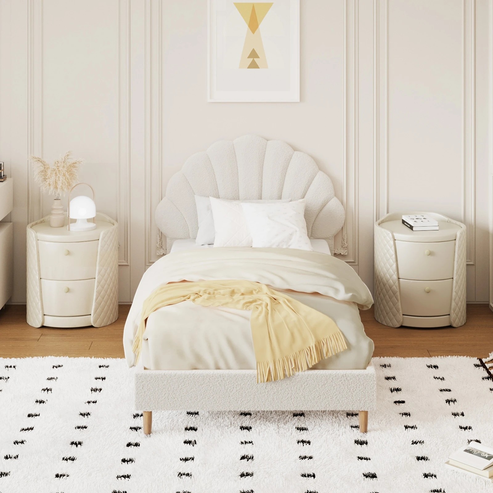 3 Oikiture Single Bed Frame Scallop-shape Bedhead Boucle
 - White, 3 of 10