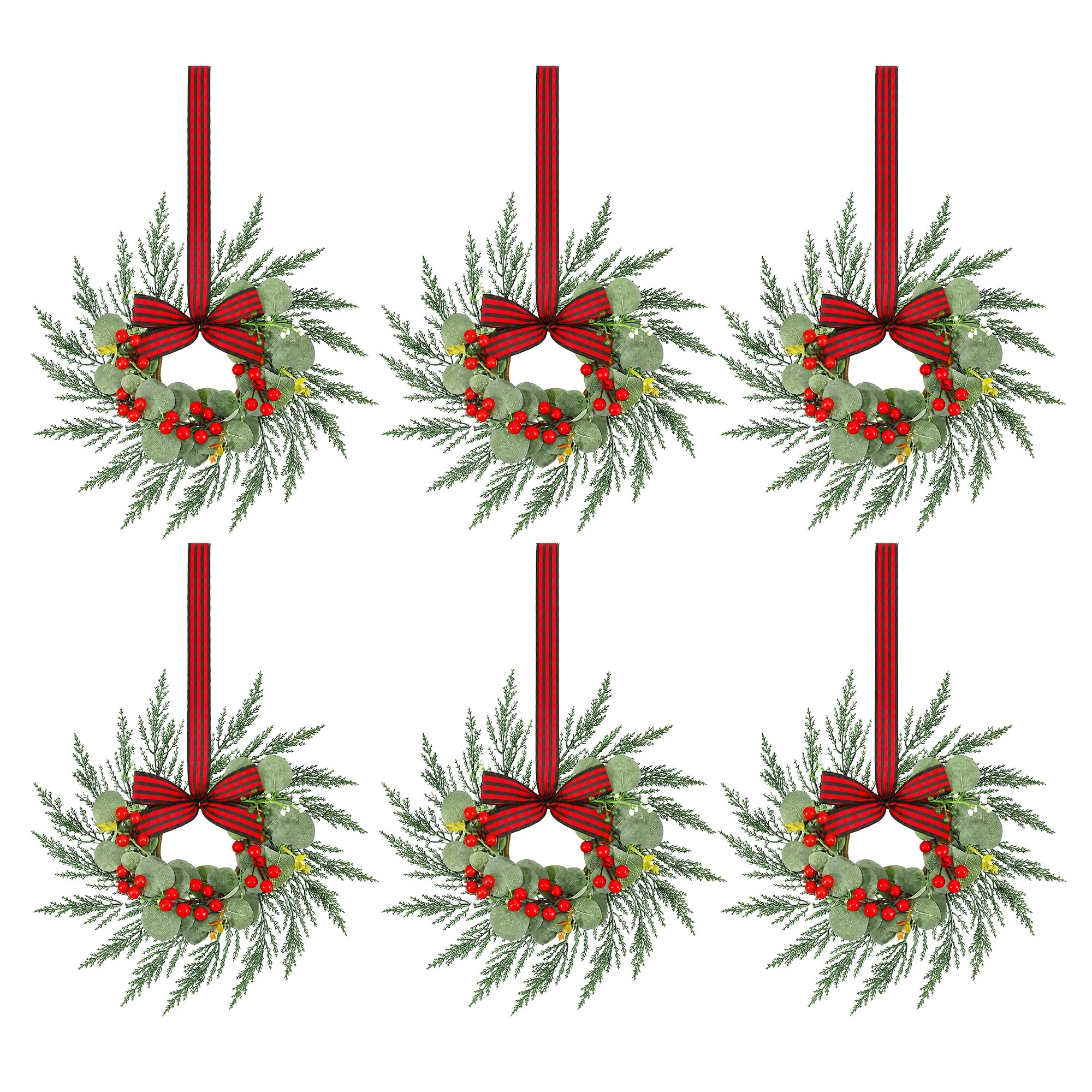 1 Jingle Jollys 6x Christmas Wreath Garland 26cm Wreaths Berries Bow - Green, 1 of 9