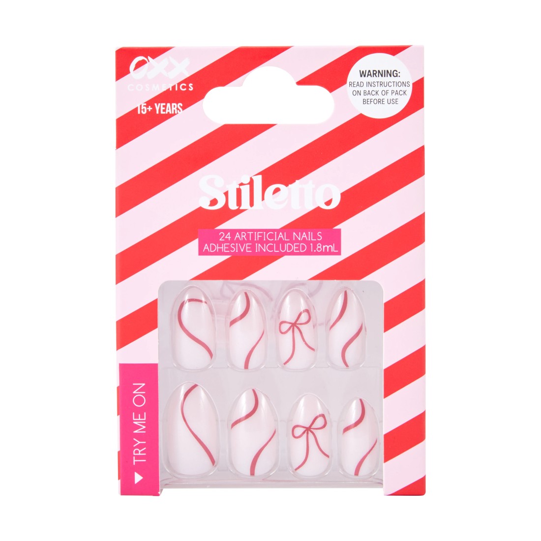 1 OXX Cosmetics 24 Pack Artificial Nails with Adhesive - Stiletto Shape, Christmas Bow, 1 of 4