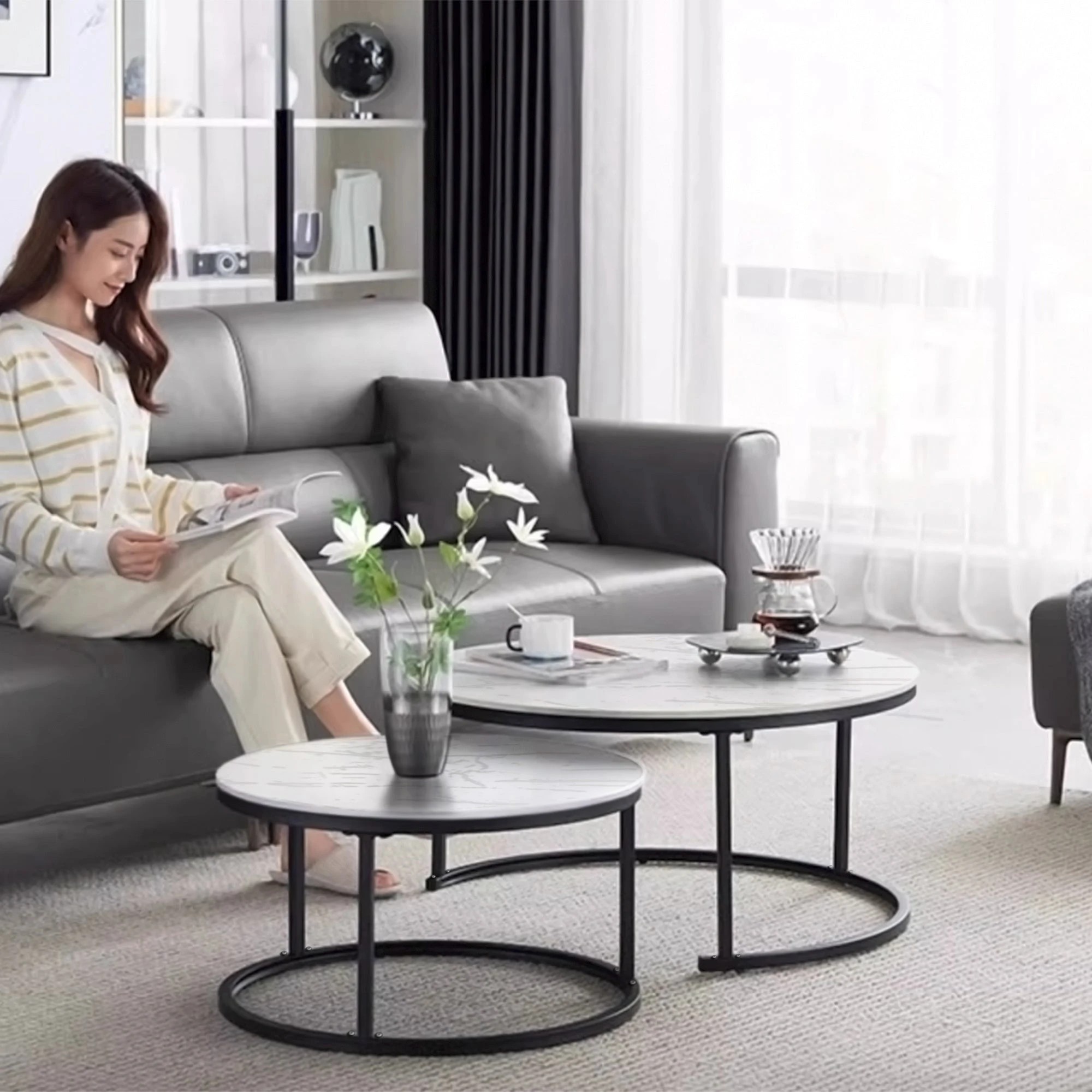 8 Foret Coffee Table 80cm Side Tables 2pc Set Tea Marble Look Tempered Glass Top, 8 of 9