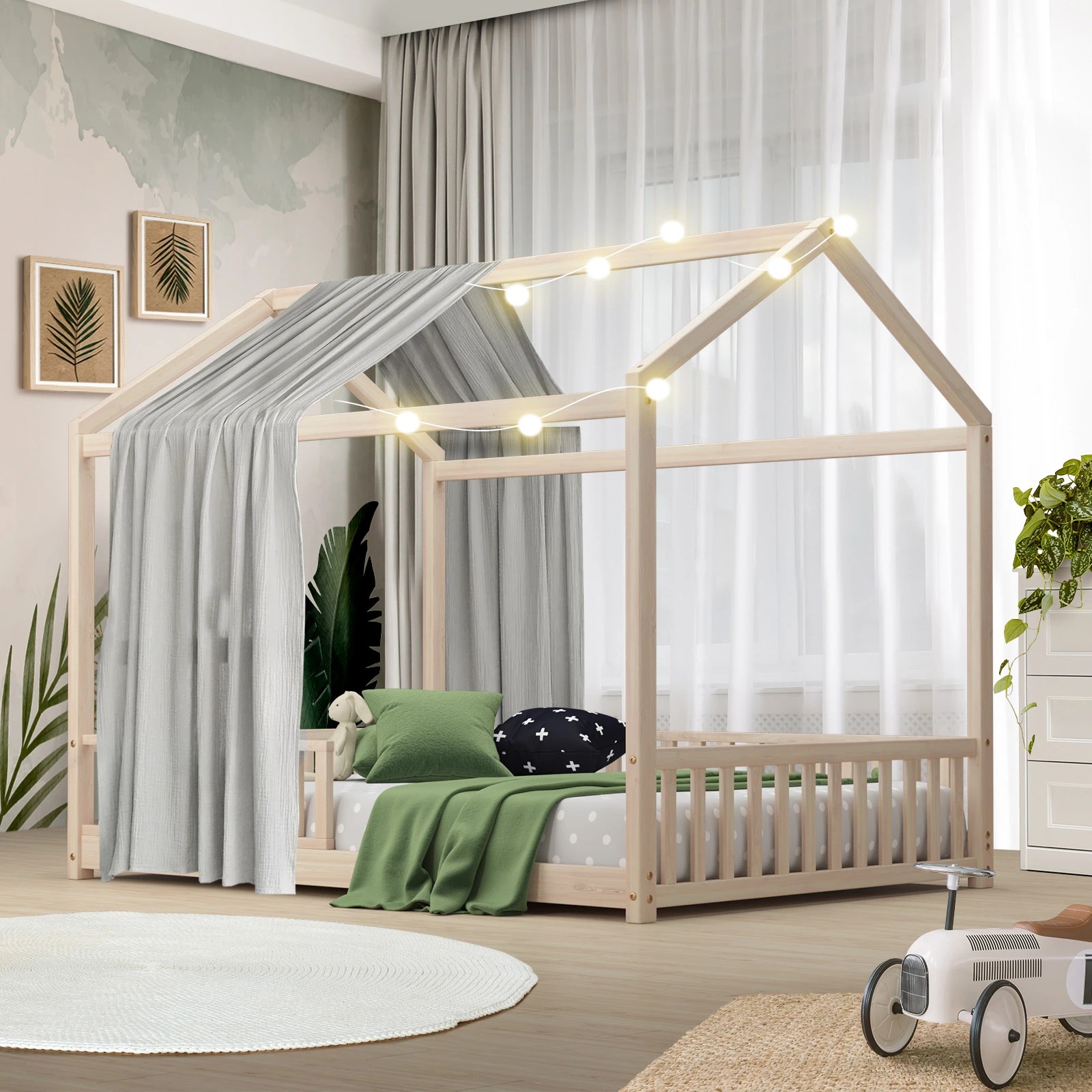 2 Oikiture Kids Wooden Bed Frame House Beds Platform Double Natural Timber Pine
 - Natural, 2 of 10