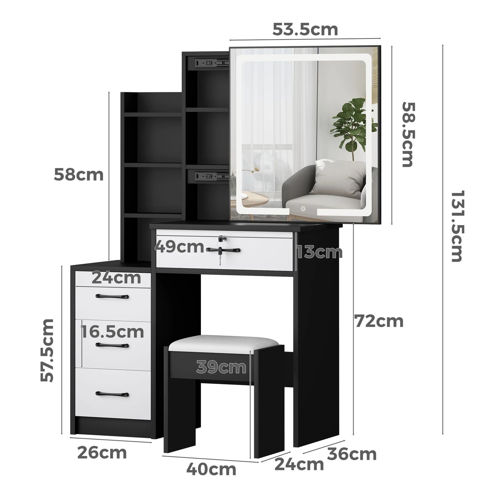 9 Alfordson Dressing Table Stool Set Makeup Mirror Vanity Desk Drawers - Black White, 9 of 10