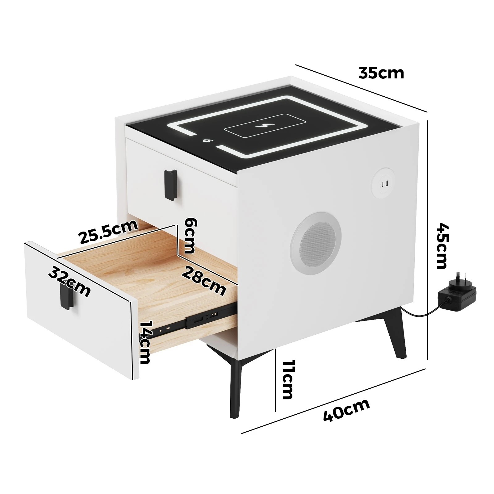 2 Oikiture Set of 2 Smart Bedside Tables Wireless Charging LED Drawers Nightstand - White, 2 of 7