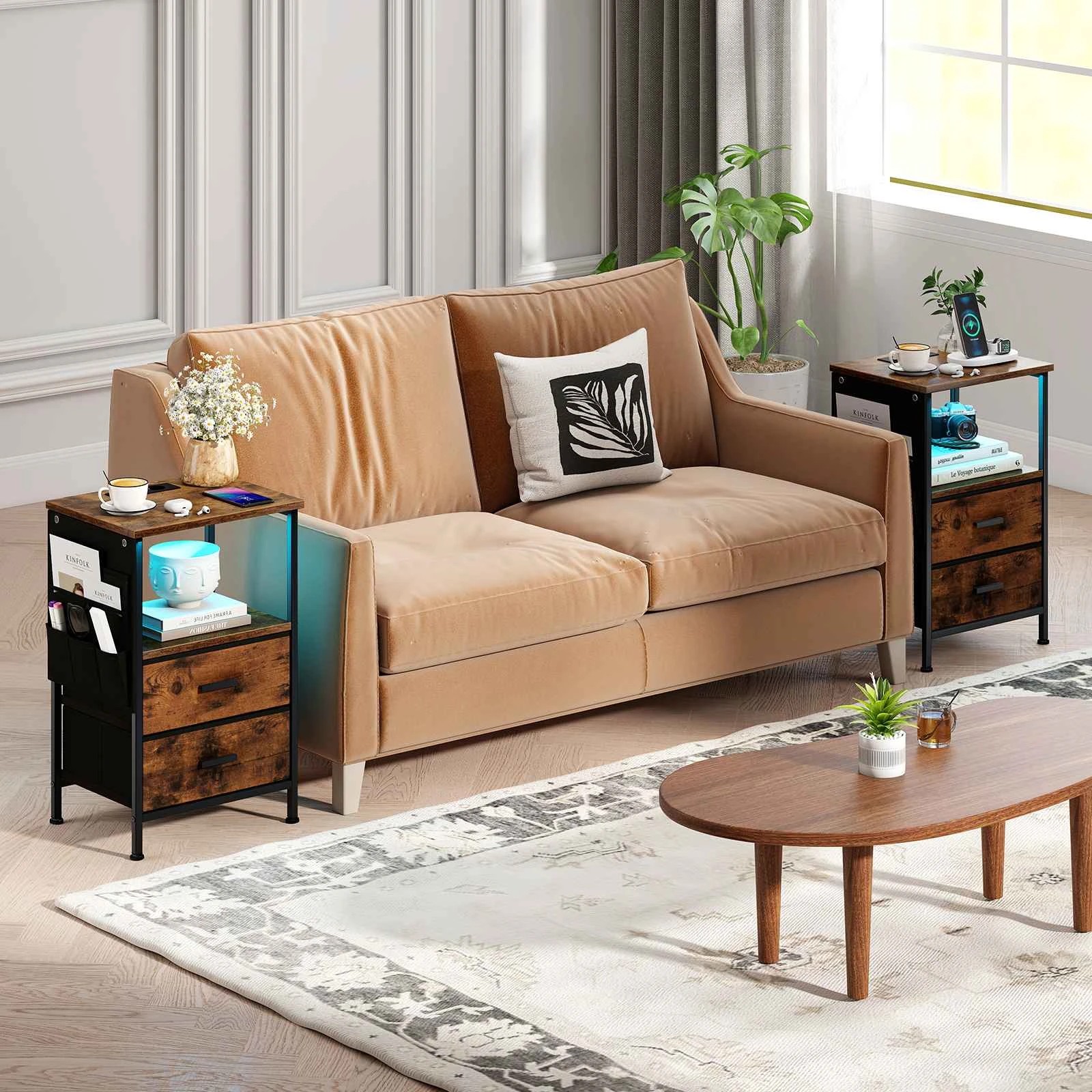 4 Costway 2x End Table LED Lighted Nightstand w/Charging Station, 4 of 5