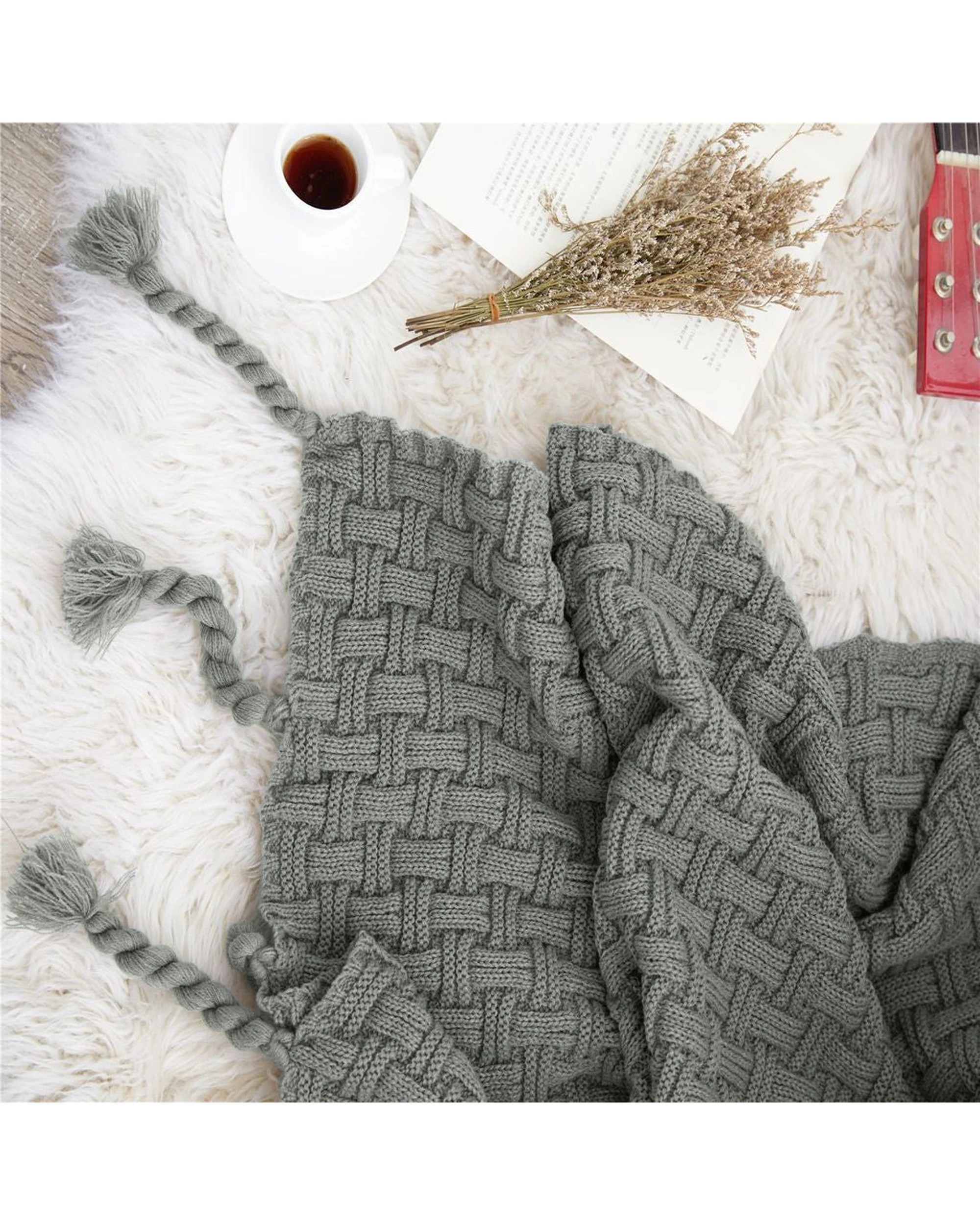 2 Cotton More Tassel Acrylic Knitted Sofa Bed Blanket - Grey, 2 of 2