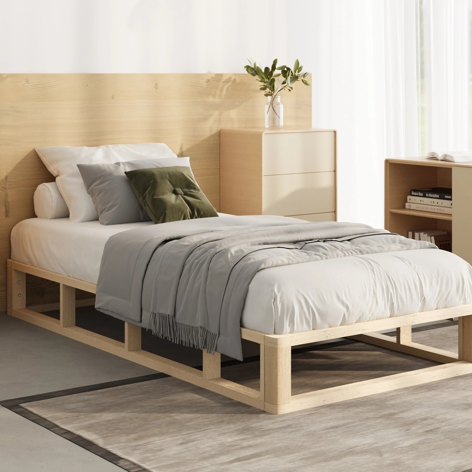 2 Oikiture Bed Frame Single Size Wooden Bed Base Platform Cage-like Base
 - Natural, 2 of 10