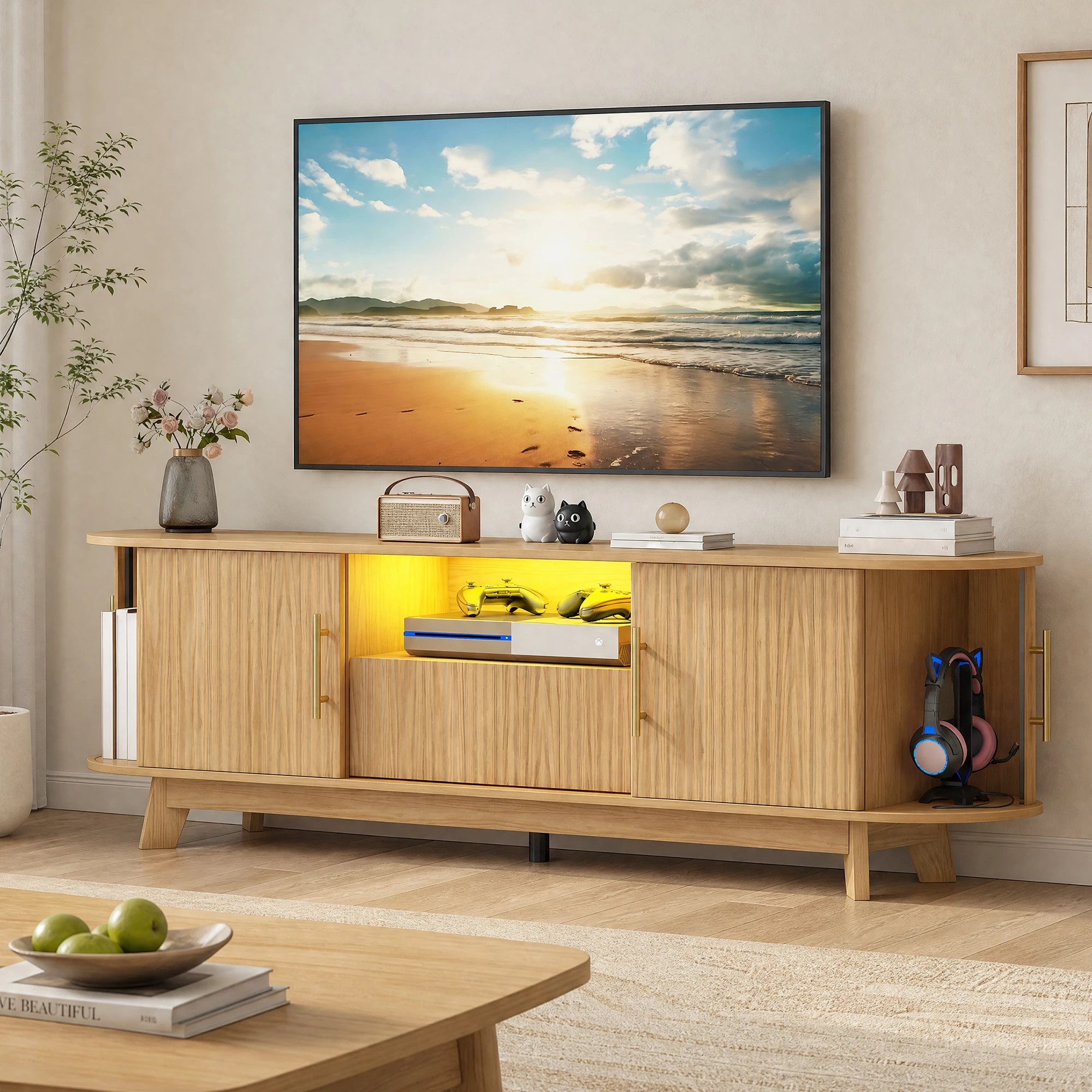 9 Advwin 160cm TV Unit Cabinet with Power Outlet and LED Light Entertainment Center TV Stand with Sliding Door - Natural, 9 of 10