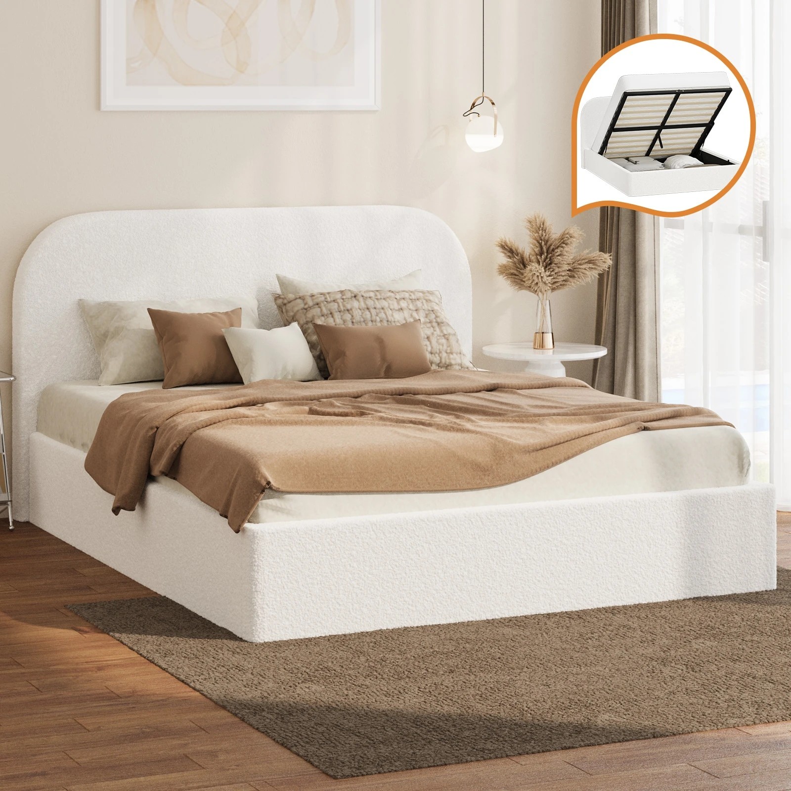 3 Oikiture Queen Bed Frame with Gas Lift Storage Mattress Base Boucle - White, 3 of 9