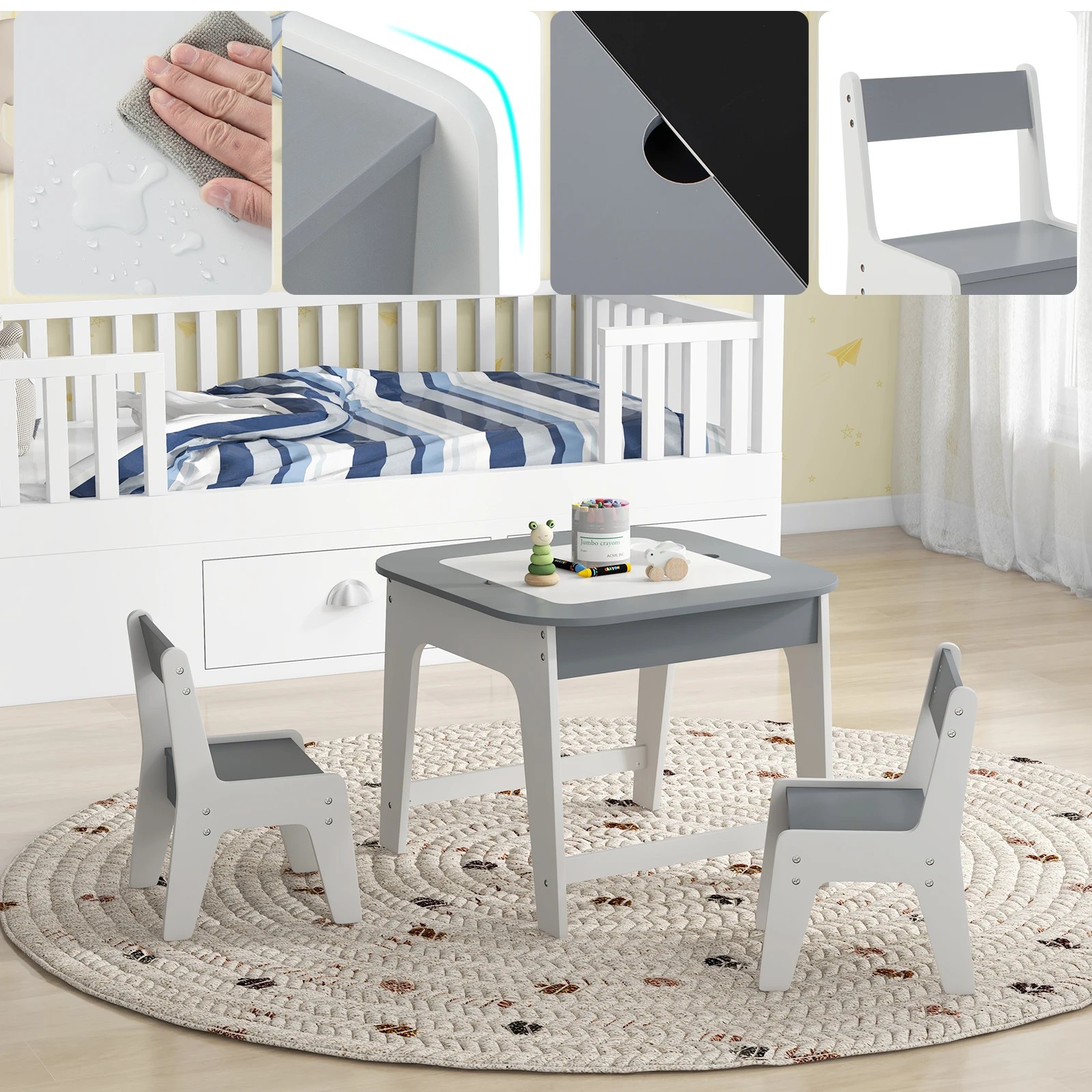 2 Costway Double-Sided Kids Drawing Table & Chairs Set - Grey, 2 of 6