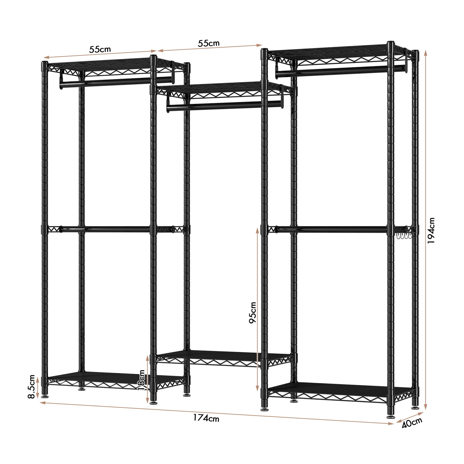 3 Advwin Portable Closet Wardrobe Adjust Closet Racks w/5 Hang Rods & 6 Shelves - Black, 3 of 8