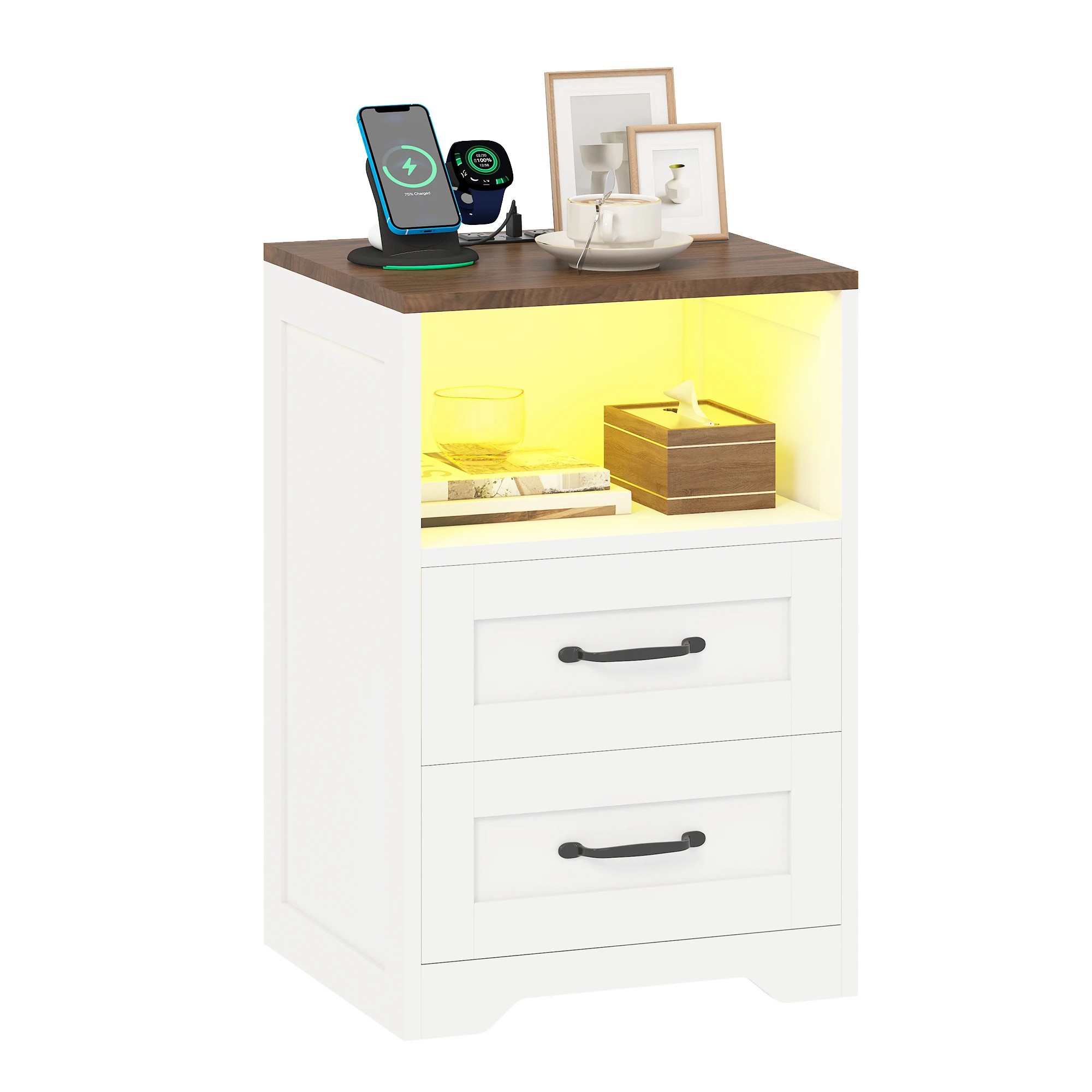 1 Advwin Farmhouse Bedside Table with 2 Drawers, Charging Station & LED Light - White, 1 of 8