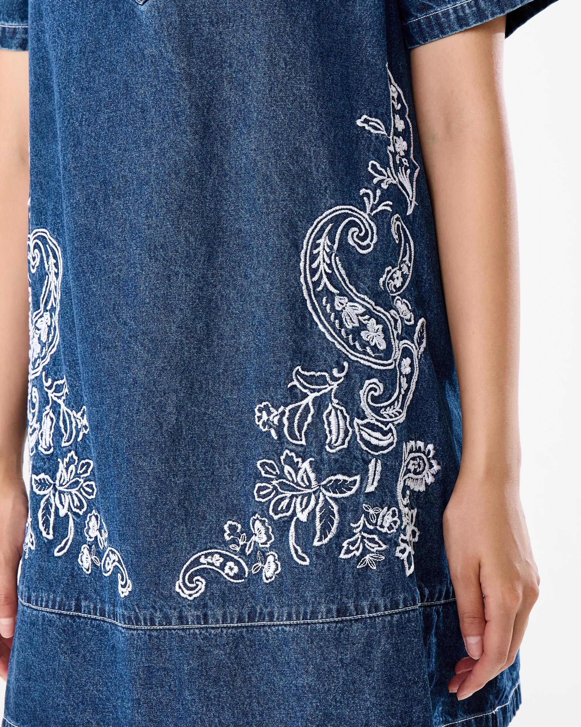 7 Short Sleeve Embroidered Denim Shirt Mini Dress Dark Wash, 7 of 8