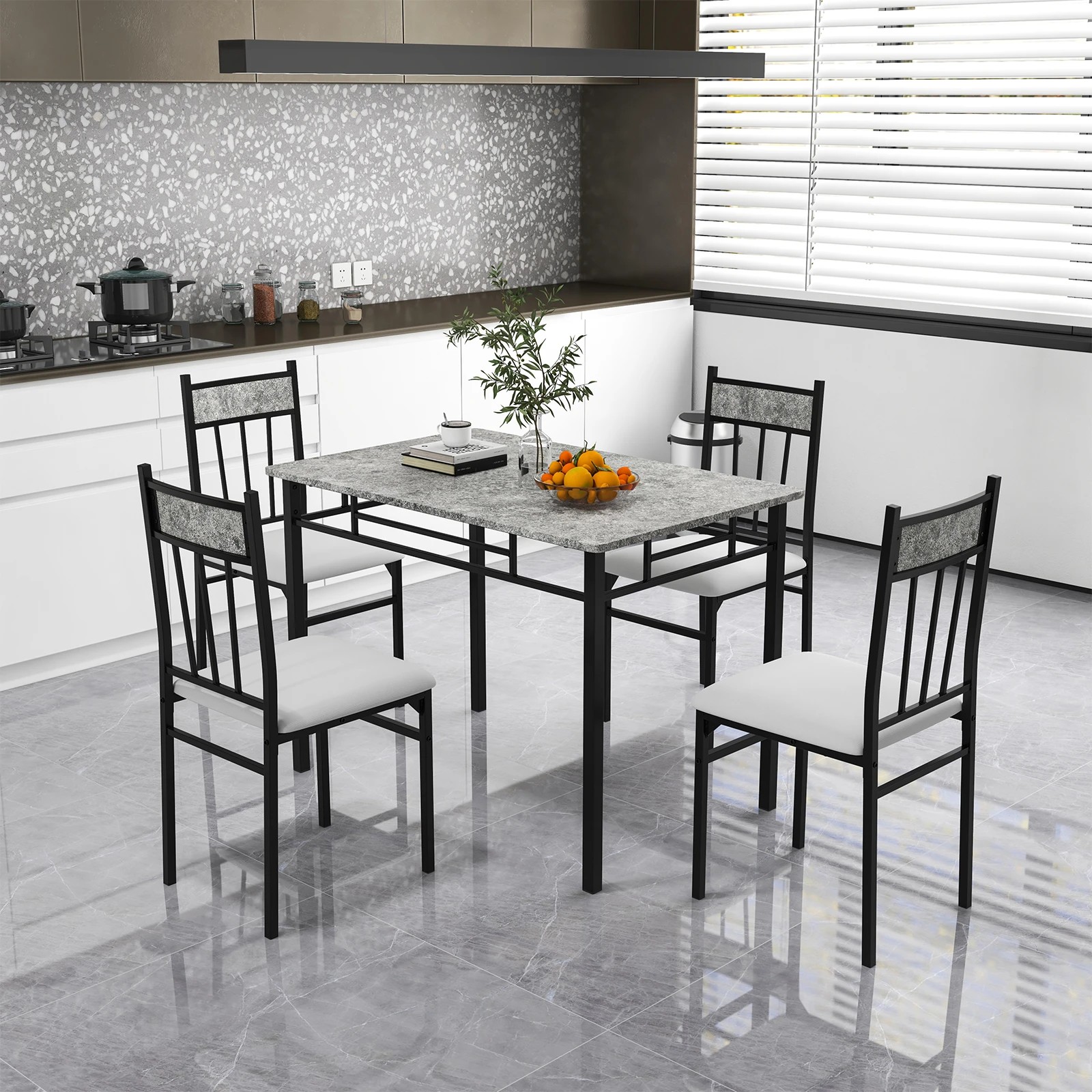 2 Costway 5PCS Dining Table Chairs Set Marble-Like Tabletop Kitchen Set - Black, 2 of 4