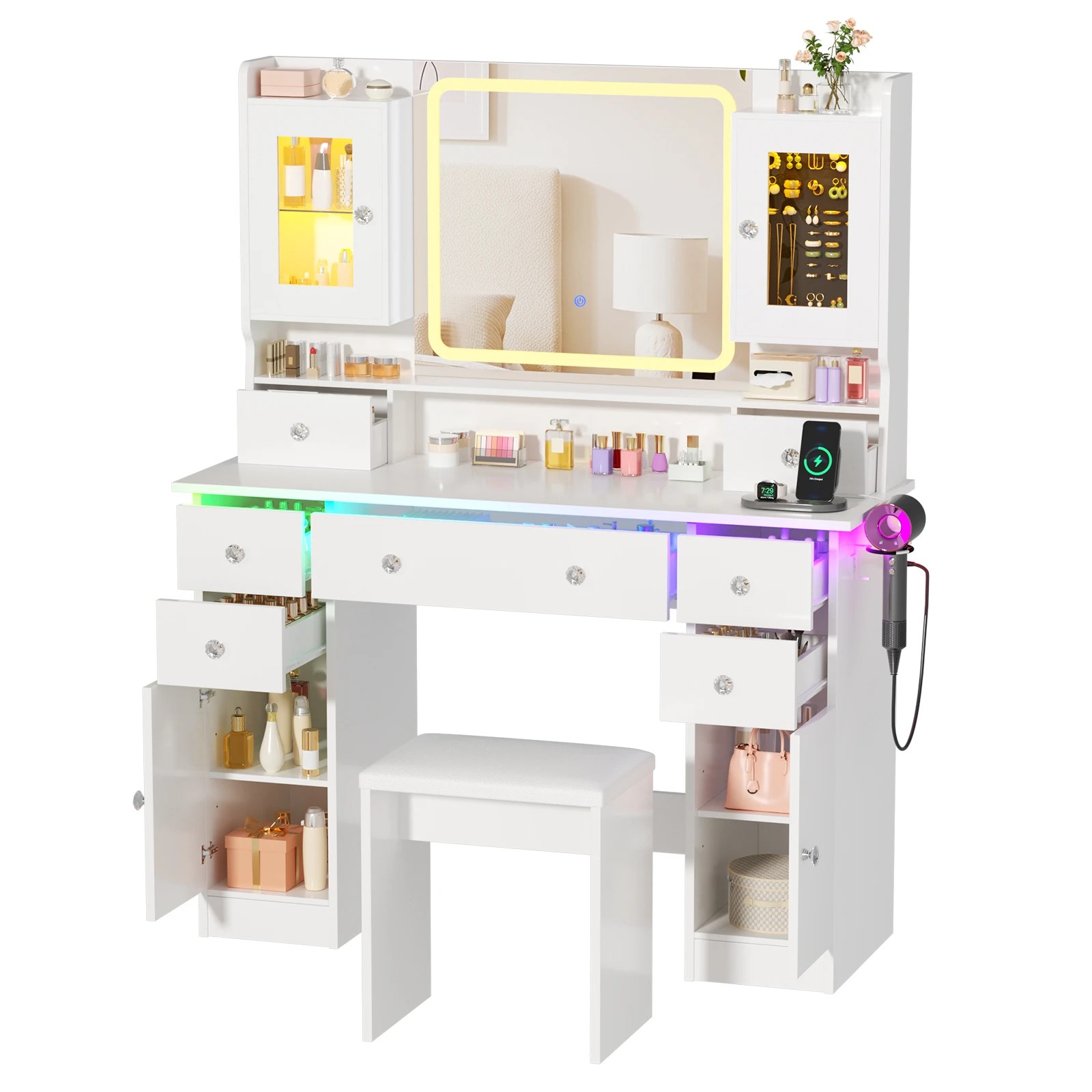 4 Advwin Makeup Vanity Desk w/ Mirror & RGB Lights Charging Station 7 Drawer - White, 4 of 10