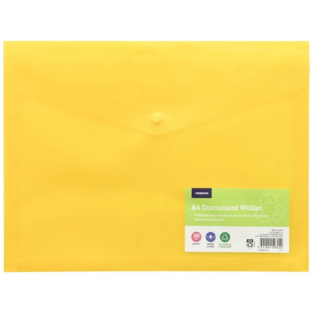 1 J.Burrows A4 Button Document Wallet Yellow, 1 of 5