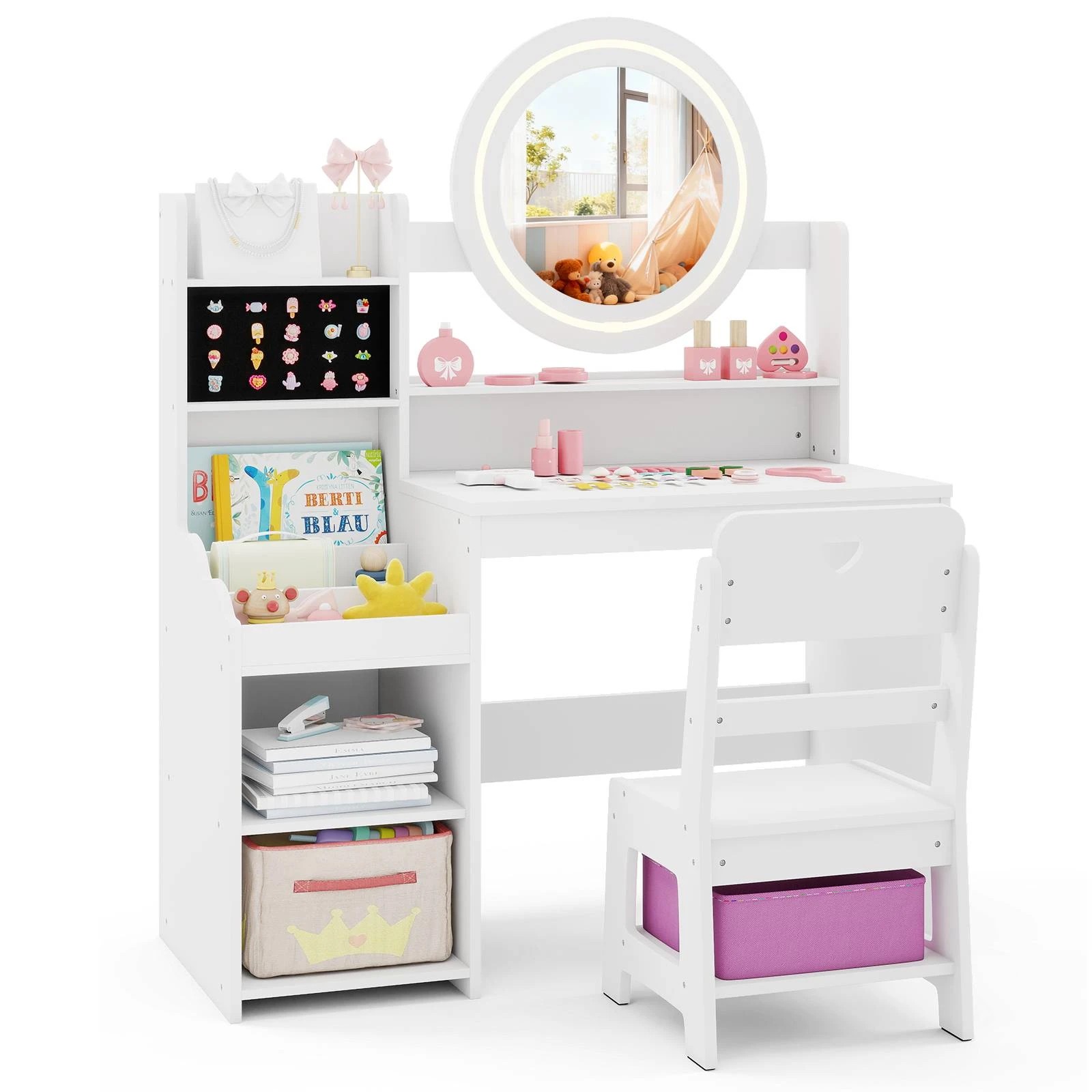 1 Costway Dressing Table Chair Princess Vanity Set w/Lighted Mirror - White, 1 of 3