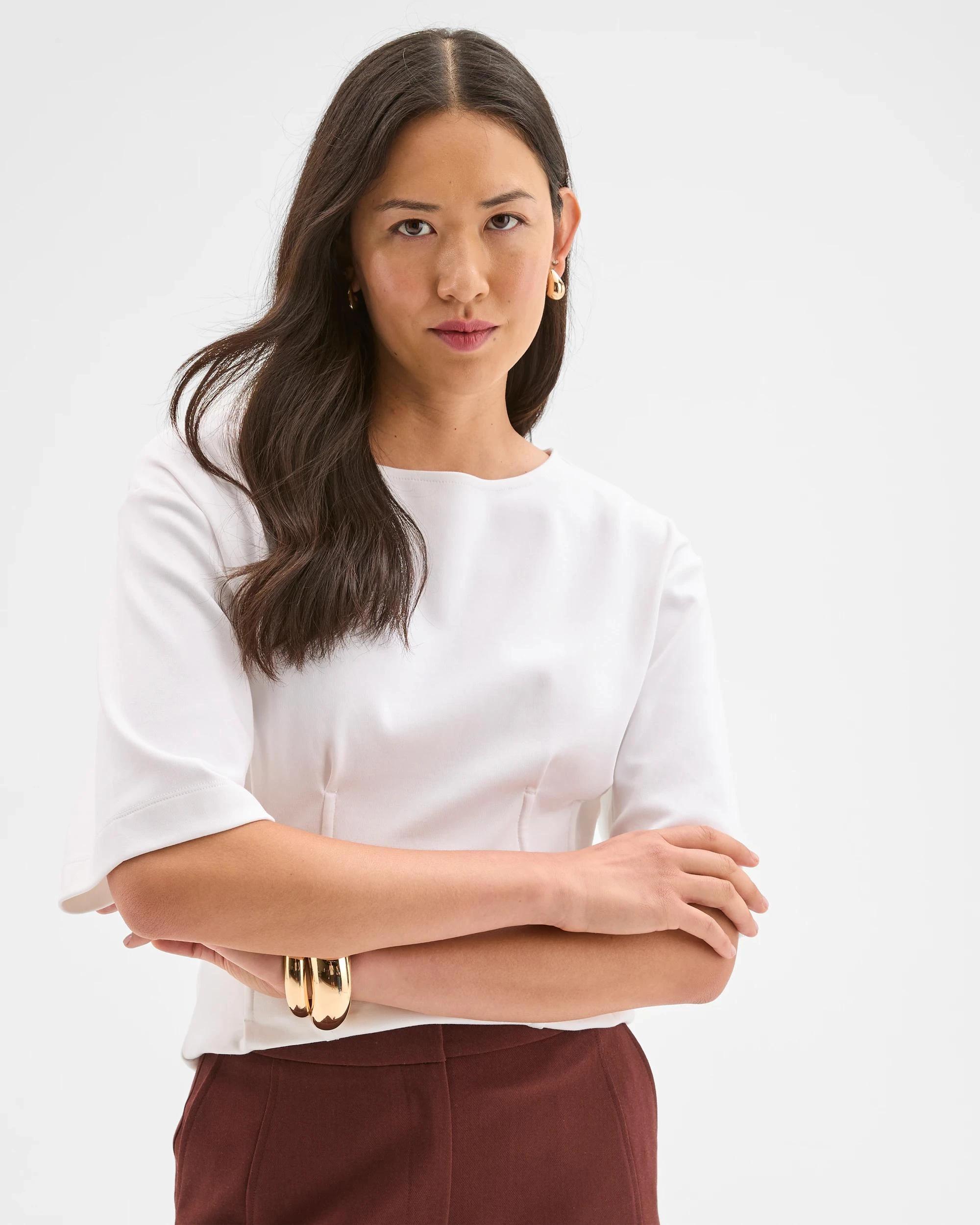 1 Preview Australian Cotton Blend Short Sleeve Knit Waisted Top CLOUD DANCER, 1 of 6