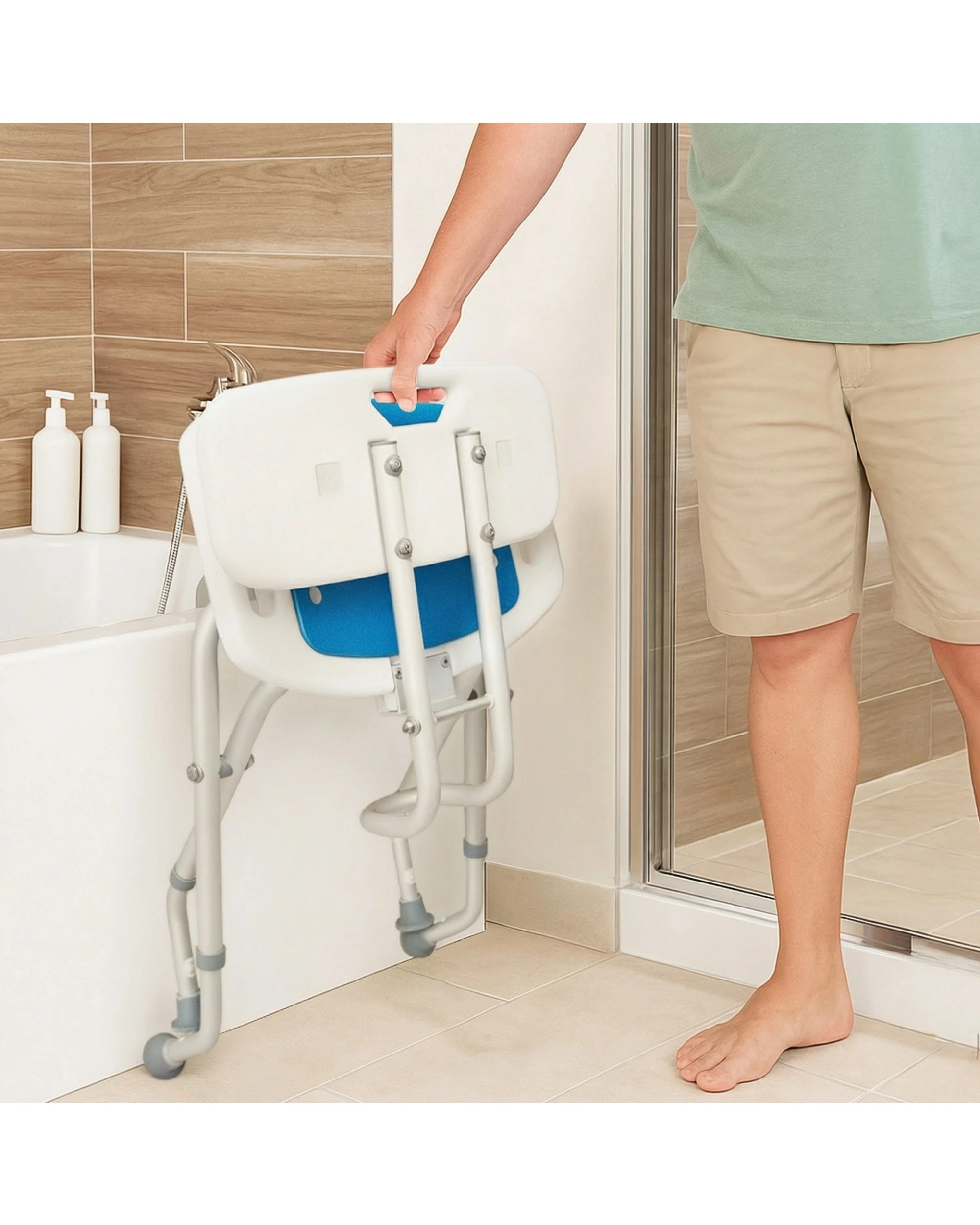 4 Orthonica Compact Foldable Shower Chair Adjustable Aluminium Frame Stool Seat Bath Tub Bathroom Aid - Blue, 4 of 5
