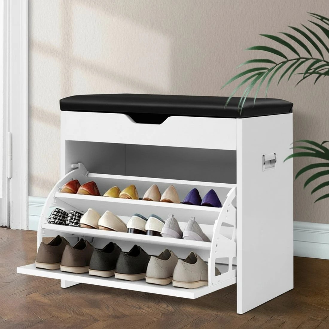 1 Artiss Shoe Rack Cabinet Bench 3-Tier 15 Pairs Entryway Storage Organizer Seat Easy Clean Sturdy Modern - White, 1 of 10