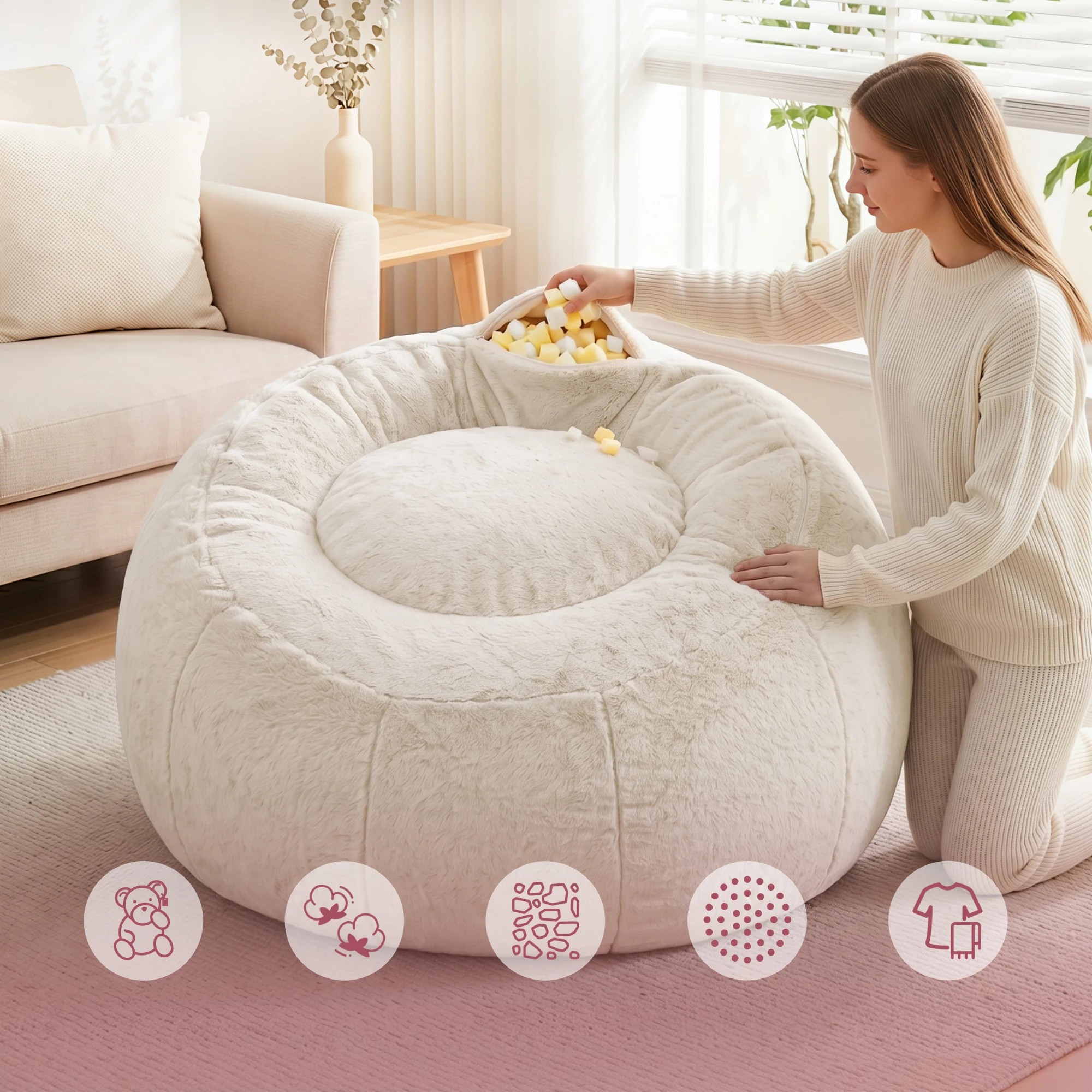 5 Artiss Bean Bag Chair Cover Faux Fur No Filler Washable Lazy Sofa Cover - Beige, 5 of 10