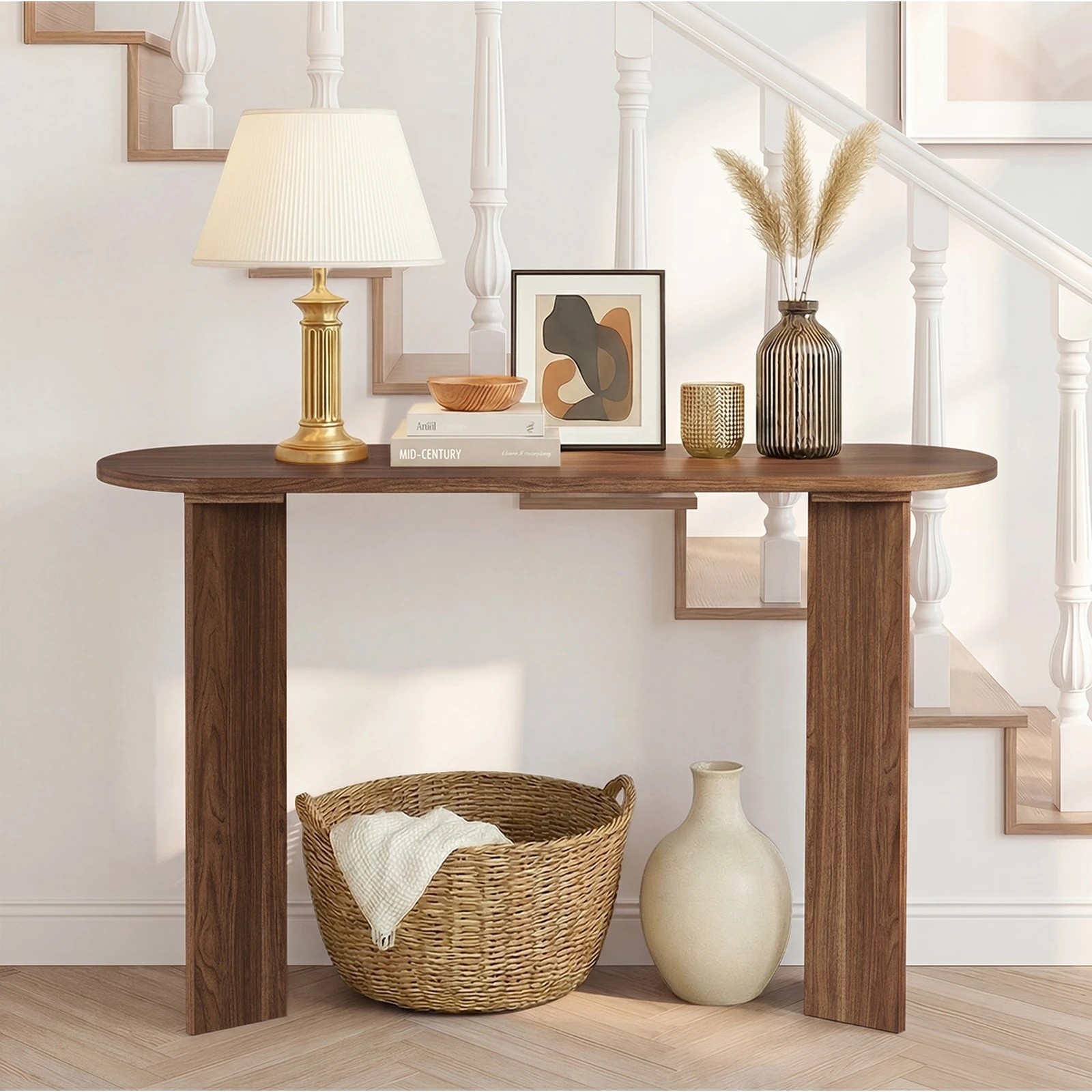 4 Oikiture Console Table Oval Entryway Storage Hallway Sofa Side Desk - Brown, 4 of 8