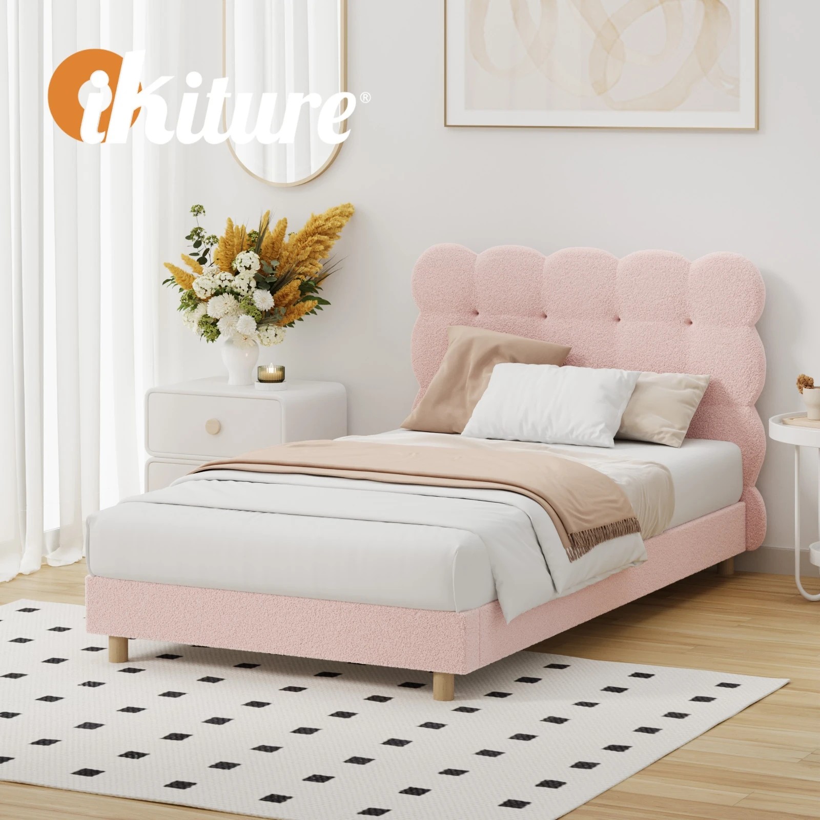 6 Oikiture King Single Bed Tufted Bedhead Boucle Bed Frame
 - Pink, 6 of 10