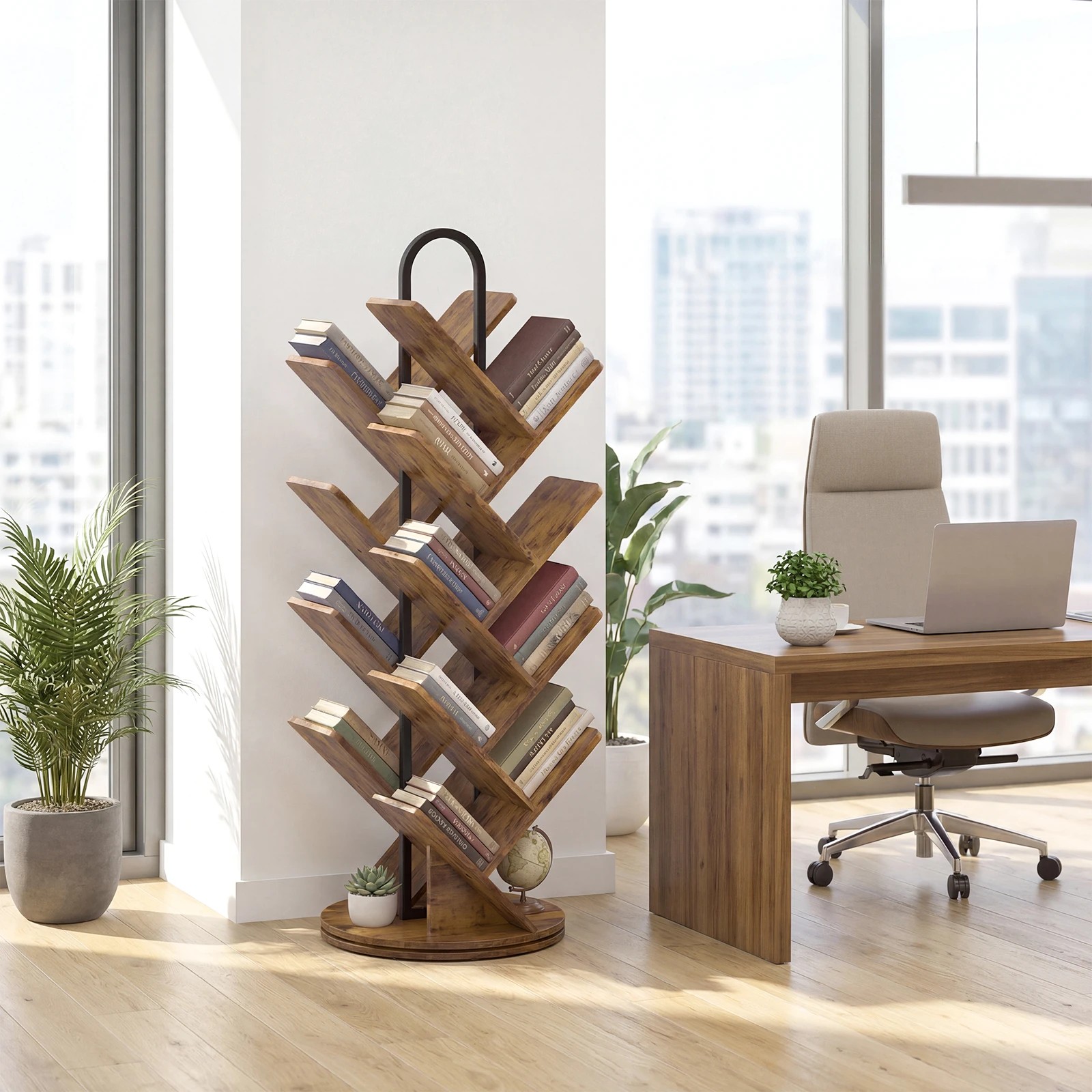 4 Advwin 16-Tier Tree Rotating Bookshelf Narrow Bookcase - Brown, 4 of 6