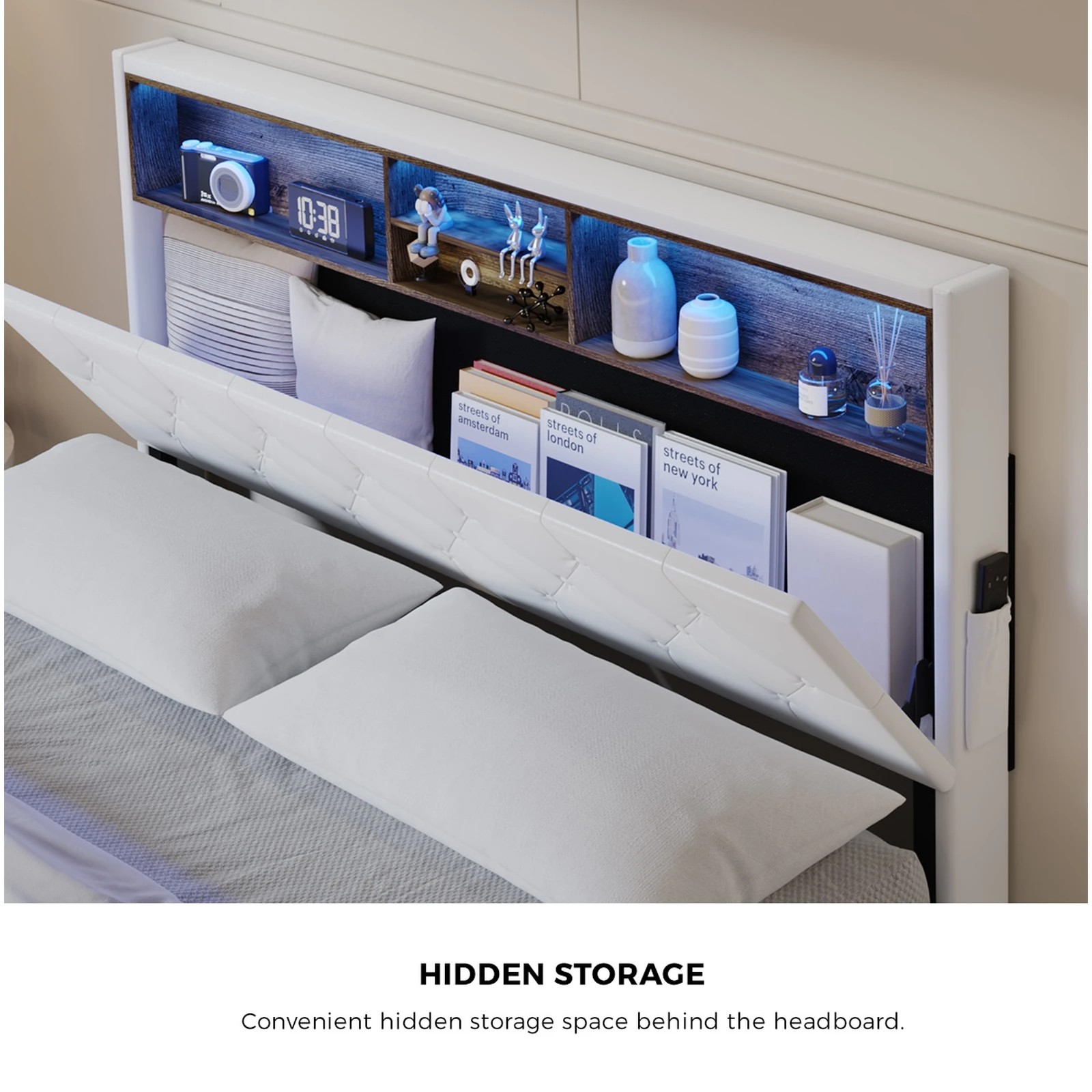 5 Oikiture Bed Frame Queen Size with LED Storage Bedhead - White, 5 of 9