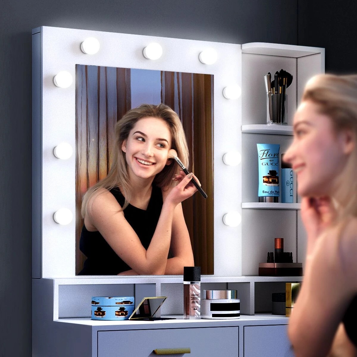 3 Maxkon Large Dressing Table and Stool Set Vanity Makeup Dresser Table Set with 9 LED Lighted Mirror, 3 of 4