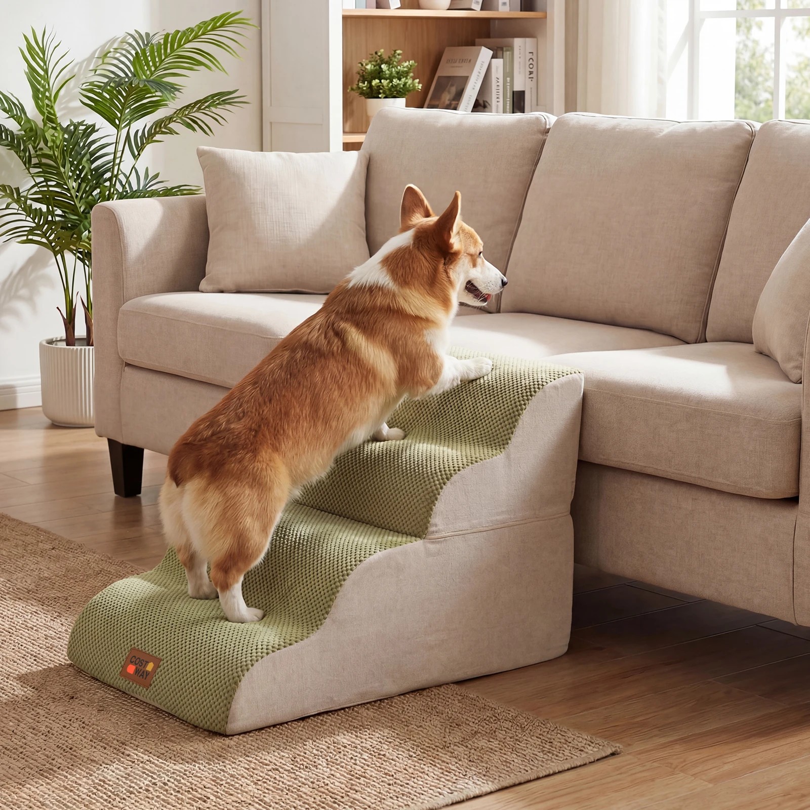 4 Costway 4-Tier Foam Pet Ramp 2-in-1 Dog Stair Ladder w/Hair Remover - Green, 4 of 7