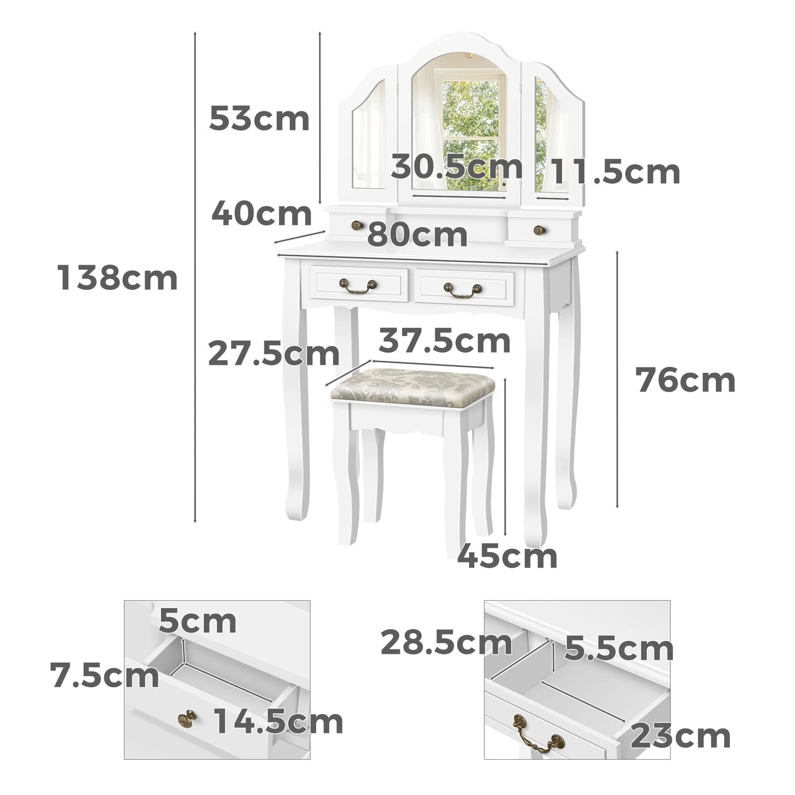 9 Alfordson Dressing Table Stool Set Makeup Foldable Mirror Vanity Desk - White, 9 of 10