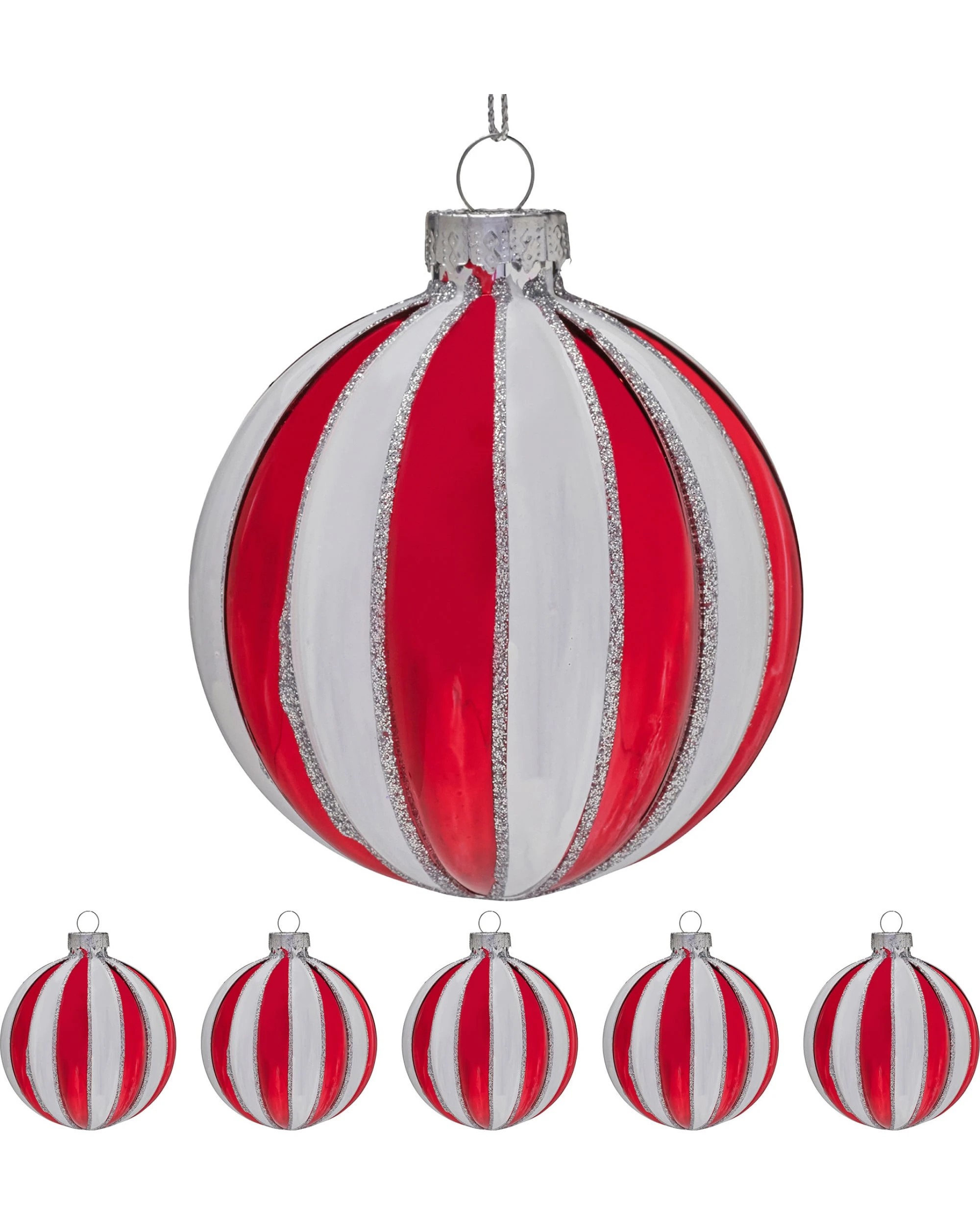 1 Christabelle Box of 6 Red and White Glass Baubles with Stripe Pattern - Red, 1 of 4