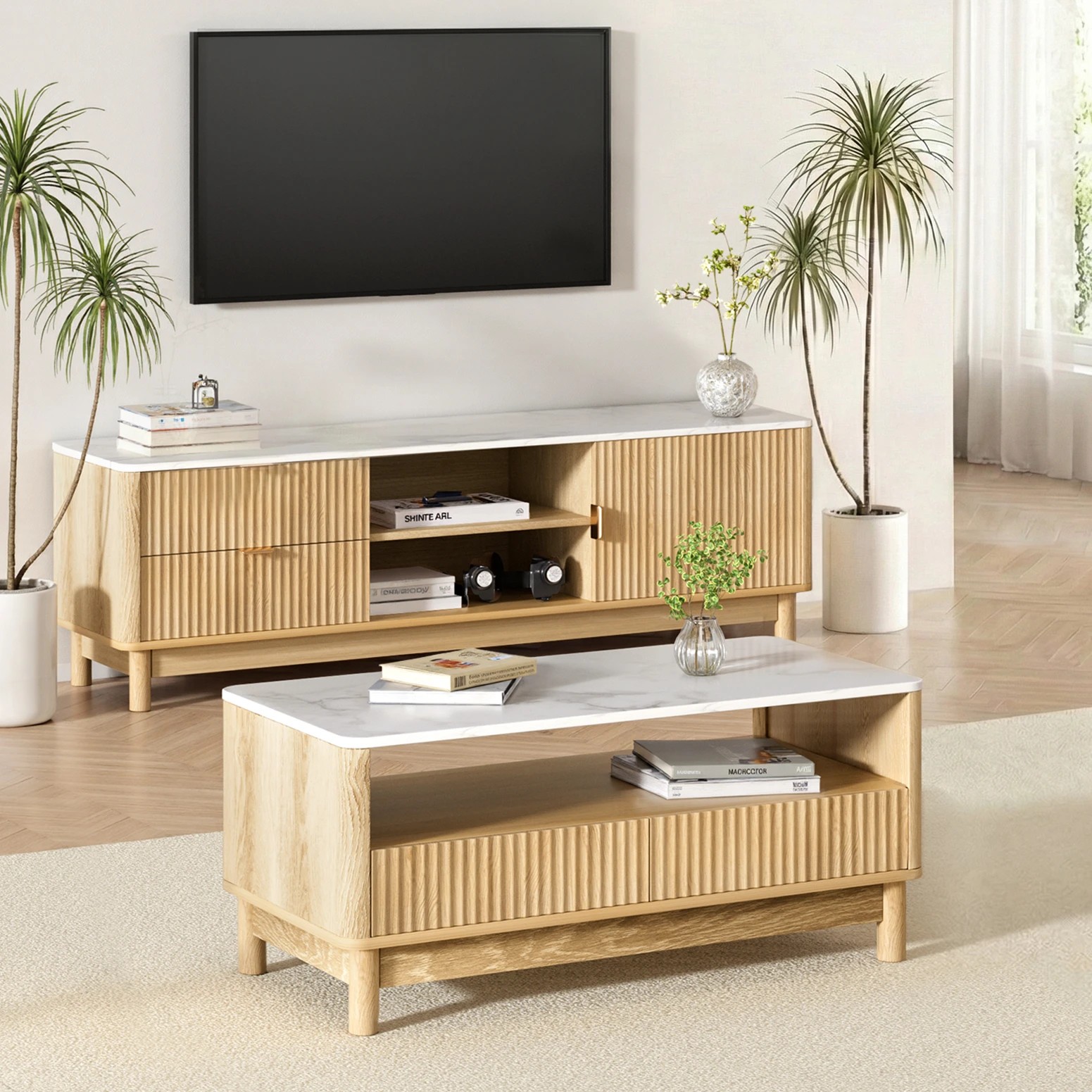 8 Artiss TV Unit & Coffee Table Set Storage Drawers - Natural, 8 of 8