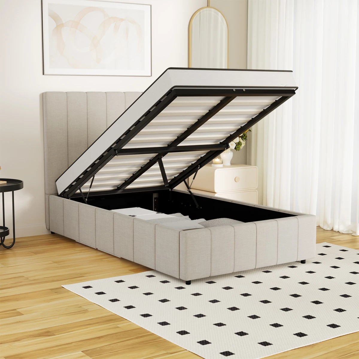 4 Oikiture King Single Bed Gas Lift Base With Storage Bed Frame
 - Beige, 4 of 10