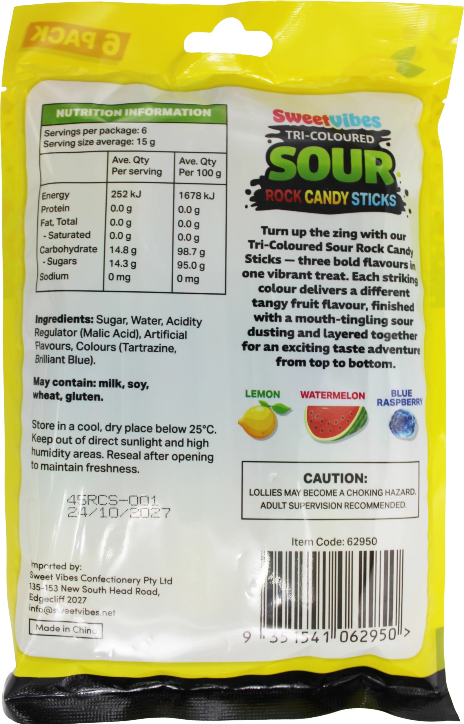 3 6 Pack Sweet Vibes Tri-Coloured Sour Rock Candy Sticks 90g - Lemon, Watermelon and Blue Raspberry, 3 of 3