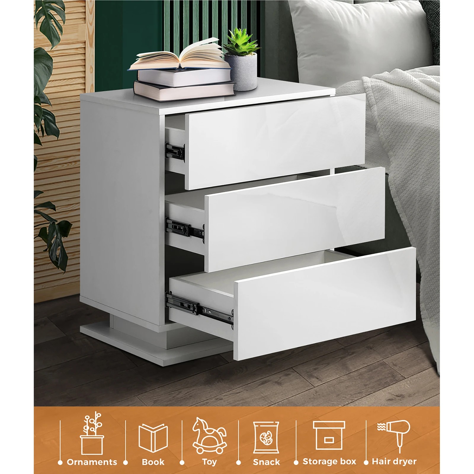 5 Oikiture Bedside Table Rgb Led Nightstand Cabinet 3 Drawers
 - White, 5 of 10