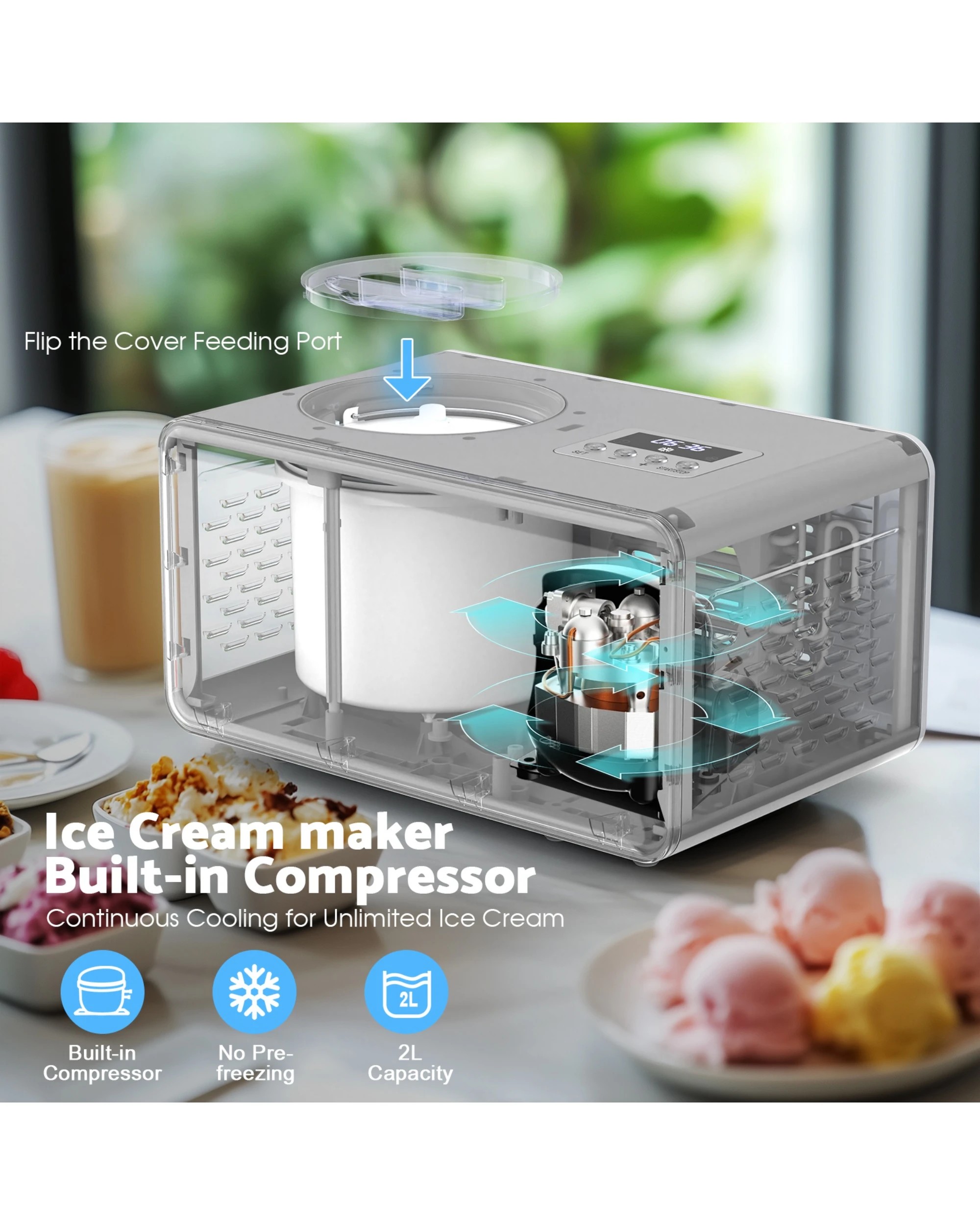 2 Advwin Ice Cream Maker With Built-in Compressor, 2l Frozen Yogurt & Gelato Machine, Sorbet Maker With Lcd Display, 2 of 8