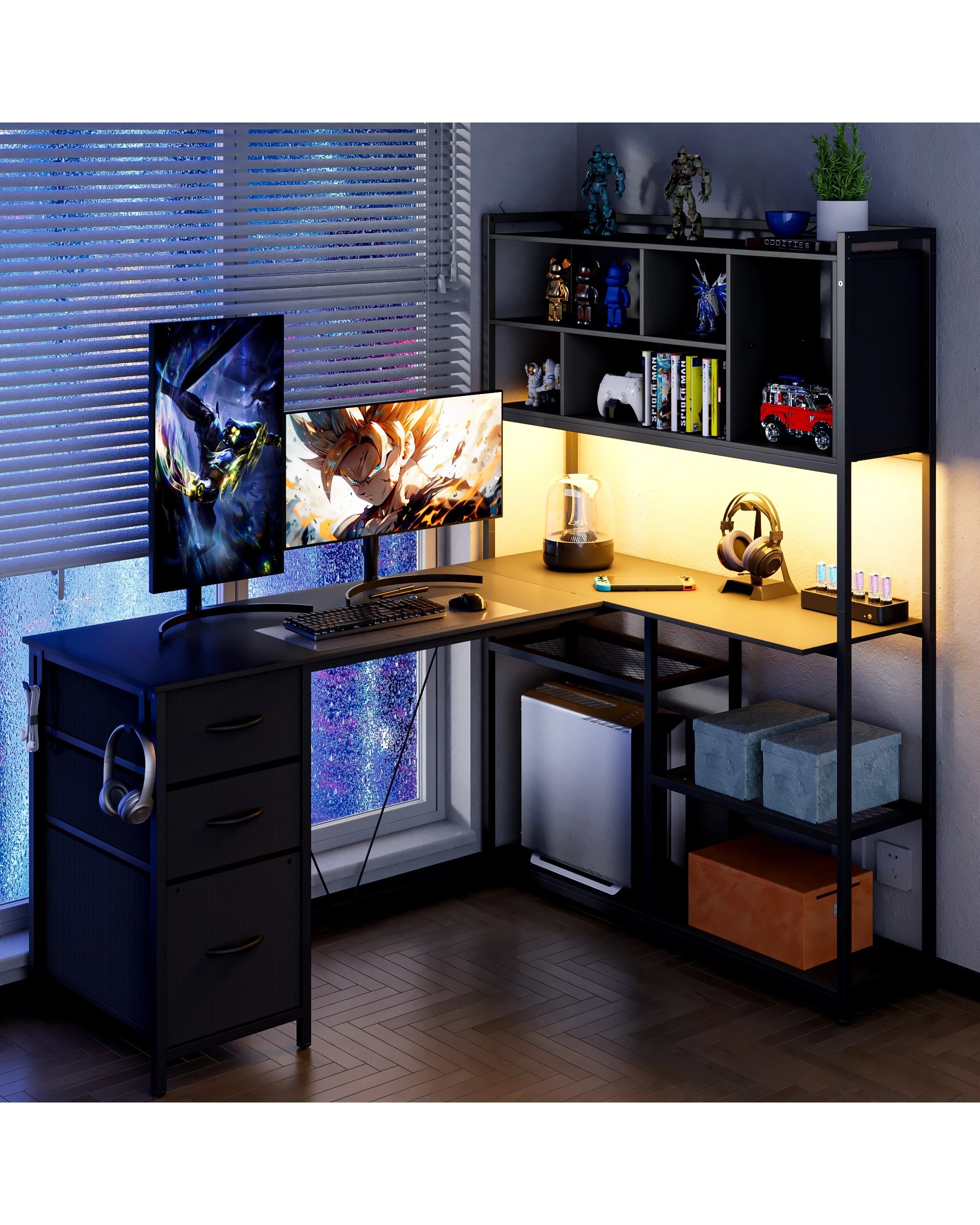 8 Advwin L Shaped Gaming Desk With Led Lights Reversible 148cm Computer Desk With 3 Drawers And Bookshelf, 8 of 8